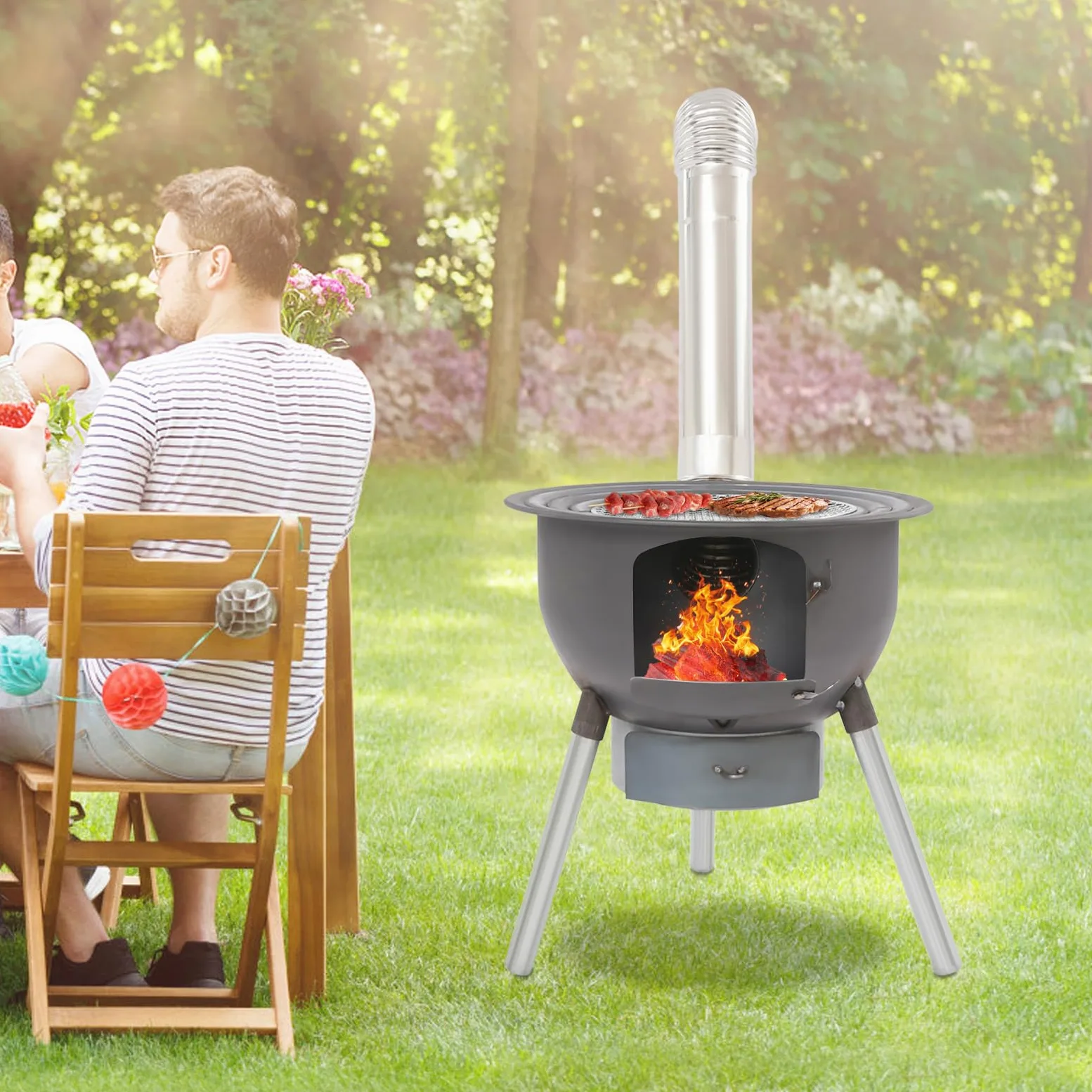 Stufa a legna per esterni con griglia, braciere da campeggio in acciaio, fornello portatile per giardino, campeggio, terrazza, picnic