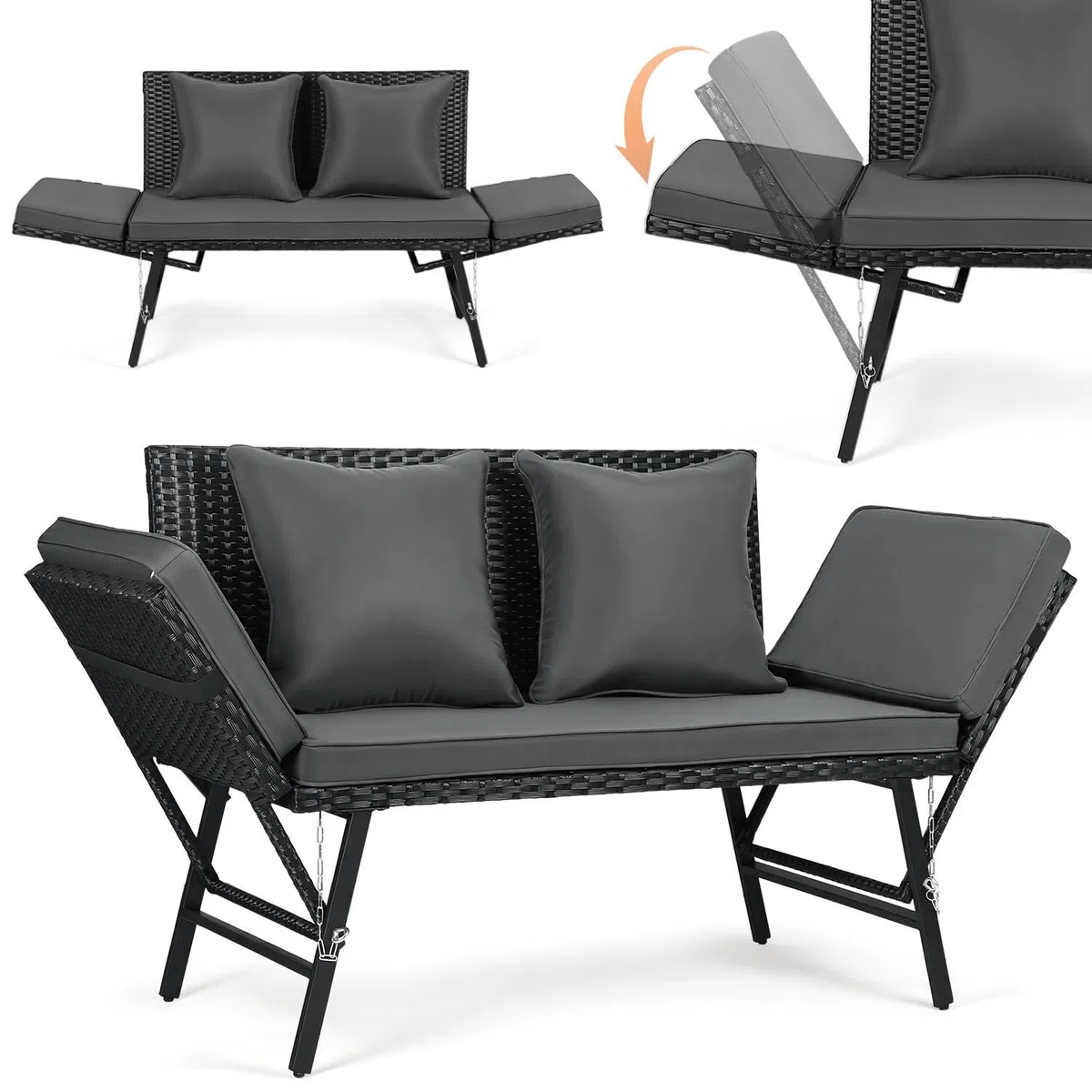 Panchina da giardino in polyrattan 3 in 1 con funzione sdraio, divano da balcone a 2 posti, pieghevole, braccioli pieghevoli, rivestimenti rimovibili, mobili da salotto per giardino, balcone