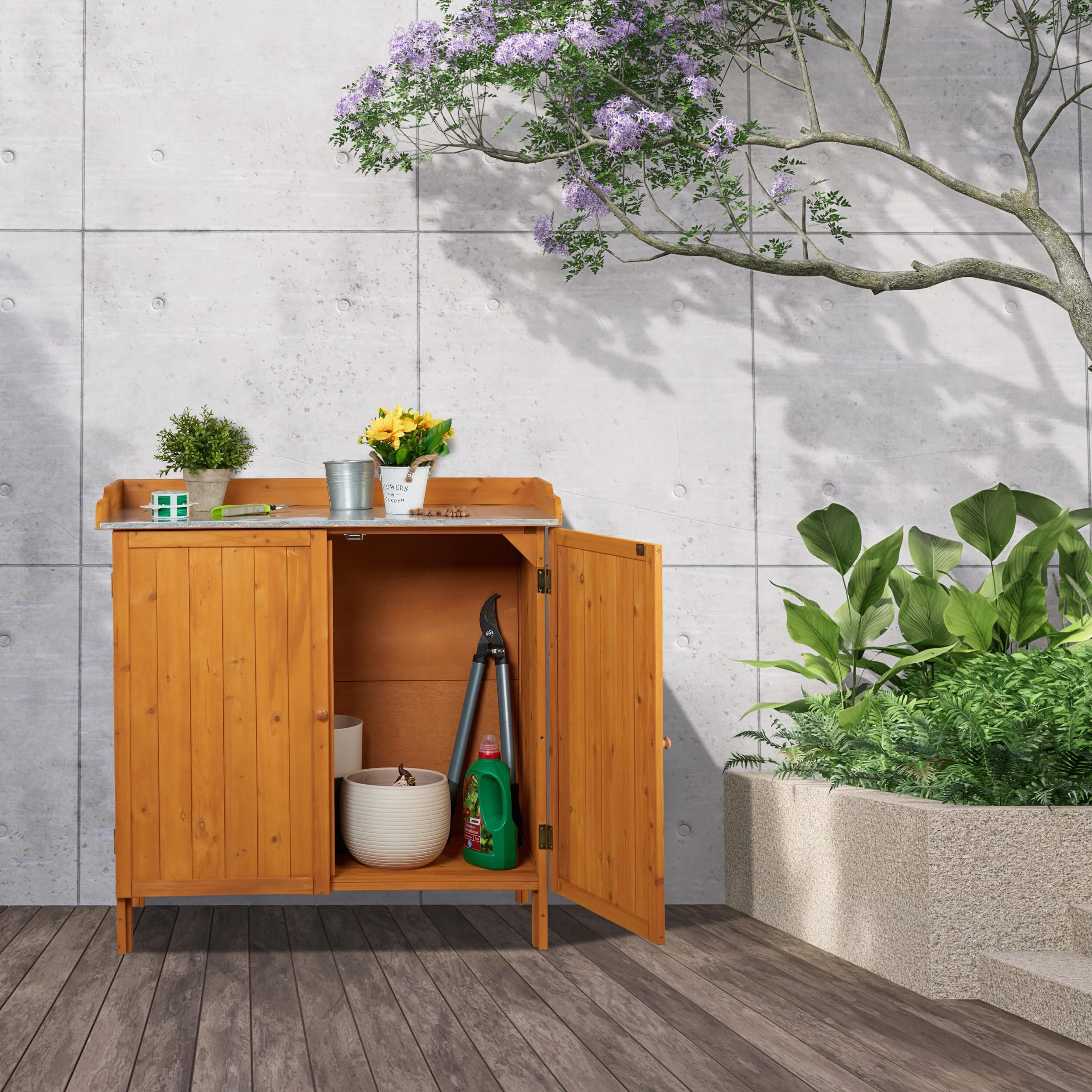 Relaxdays Tavolo da Lavoro per Giardinaggio, Banco da Lavoro Zincato da Giardino, Armadietto Legno, 94x94x47 cm, Arancio