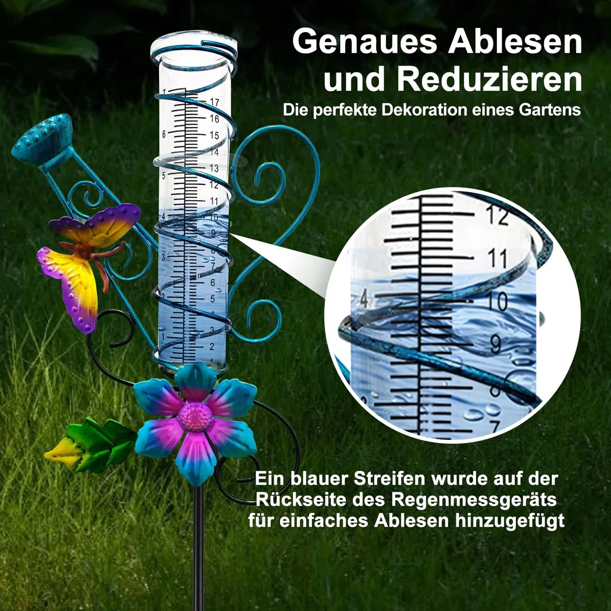 HOSPAOP Pluviometro solare da giardino con LED e picchetto – Vetro resistente al gelo, misurazione precisa delle precipitazioni per prato, terrazza, campi, patio, decorazione per esterni