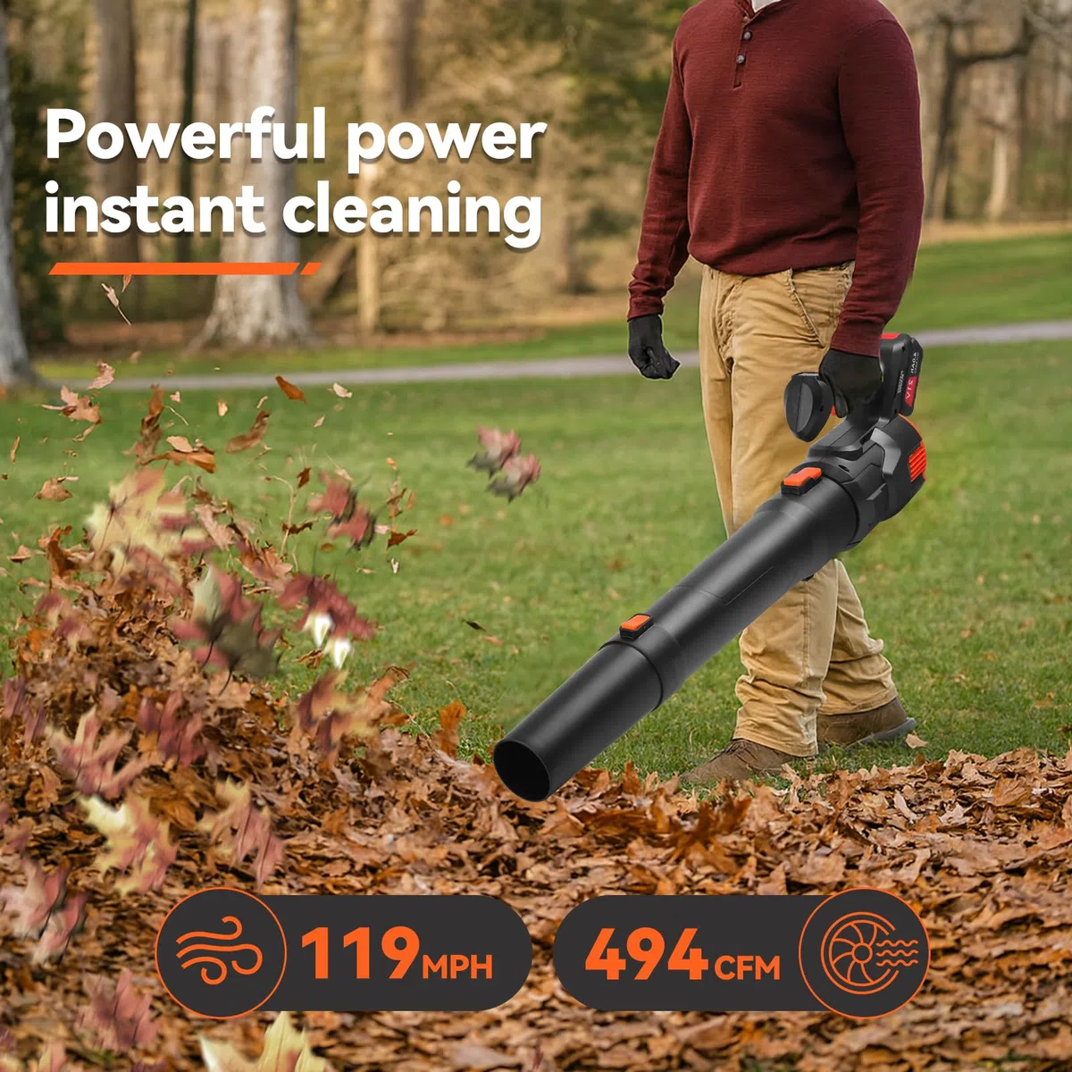 Soffiatore a Batteria 21V,Soffiatore per Foglie con 2 Batterie 4000mAh, 3 Velocità Regolabili,119MPH,494CFM, con Tubo Dritto e Curvo per Giardino, Patio e Casa