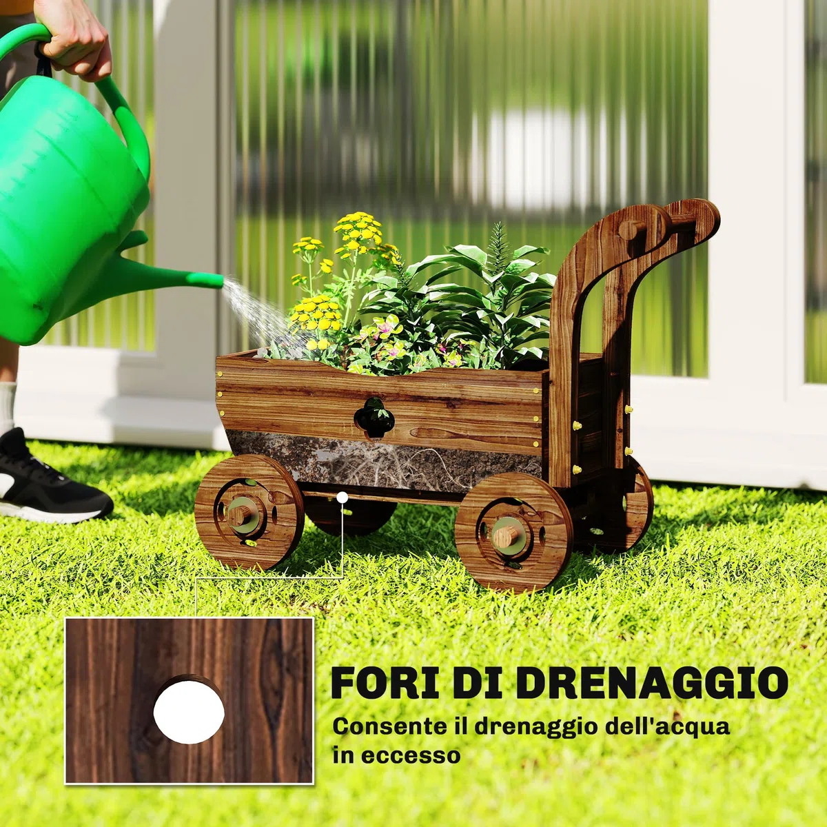 Outsunny Letto per Orto Rialzato da Esterno a Forma di Carretto con 4 Ruote e Maniglia, Fioriera in Legno di Abete con Fori di Drenaggio, per Balcone Patio, 68x38x52 cm, Carbonizzato
