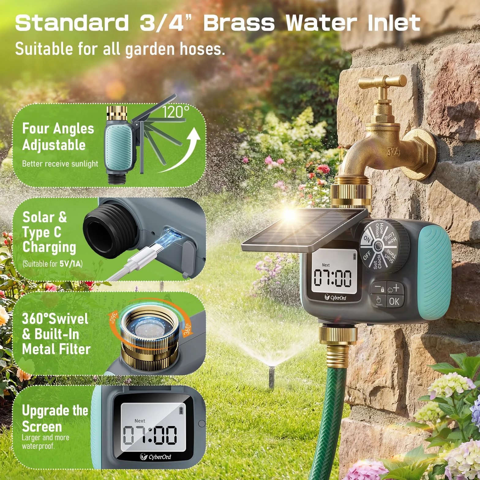 Timer Irrigazione Solare, Programmatore Automatico per Tubo da Giardino con Ritardo Pioggia/Modalità Manuale, 3/4" Ingresso in Ottone Energia Display LCD Ecologica per Prato e Giardino