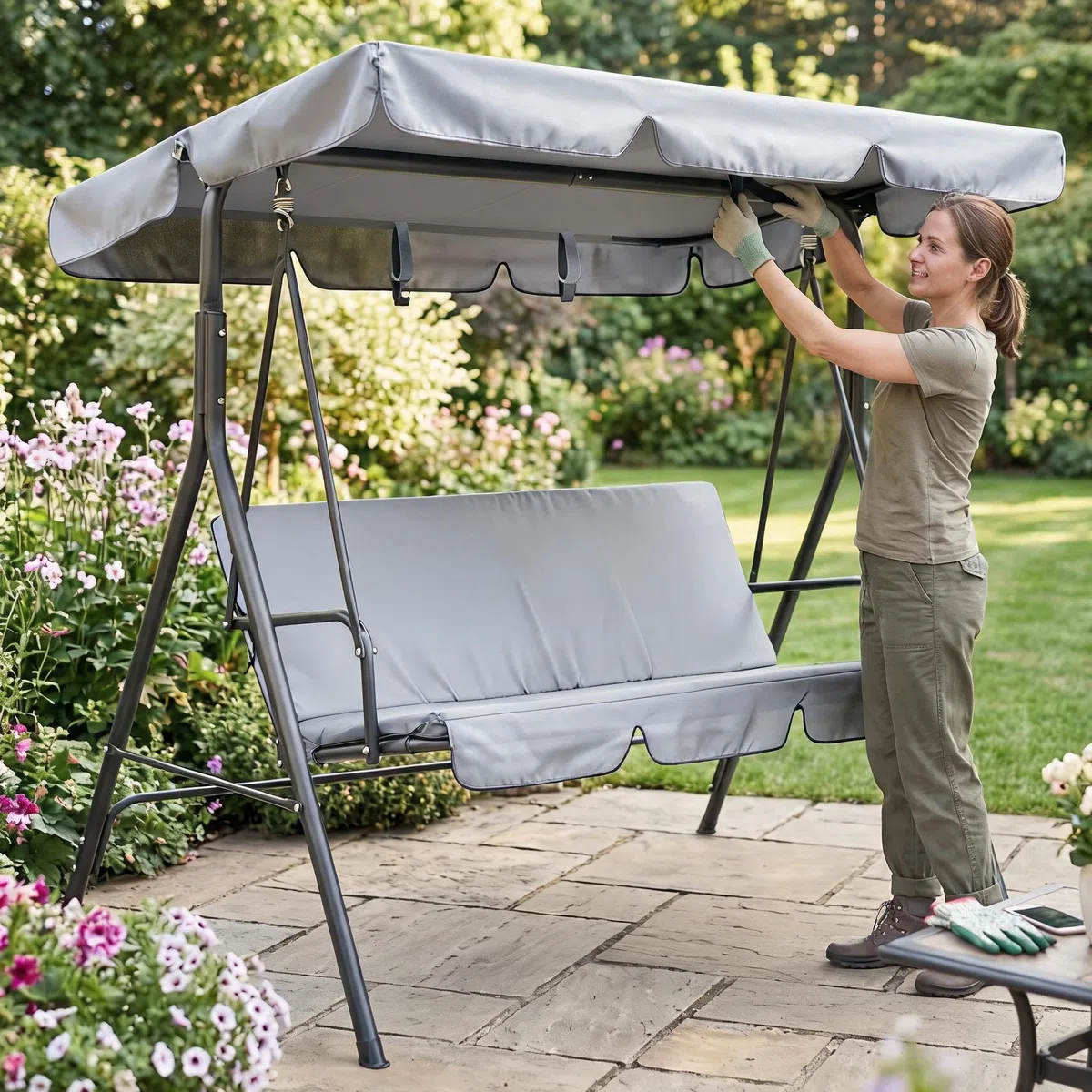Set di ricambio per dondolo da giardino a tre piedistalli con copertura superiore e coprisedile in tessuto Oxford 210D resistente alle intemperie (grigio, 164 x 114 x 15 cm)