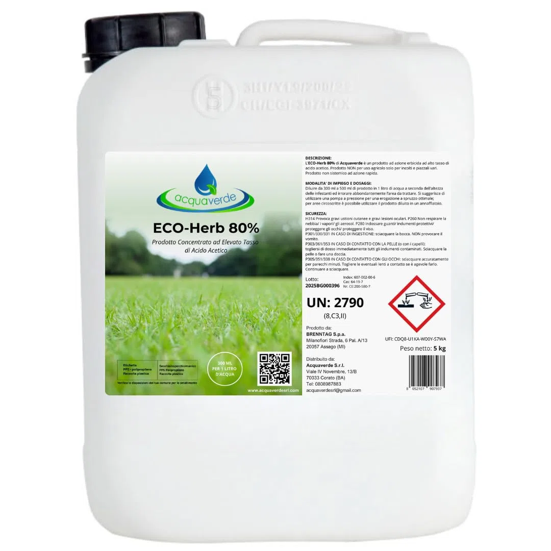acquaverde | ECO-Herb 80%, Acido Acetico 80% Concentrato - 5 L, Azione Erbicida Rapida, Effetto Diserbante, Stop alle Erbe Infestanti per Viali, Aree Incolte, Piazzali