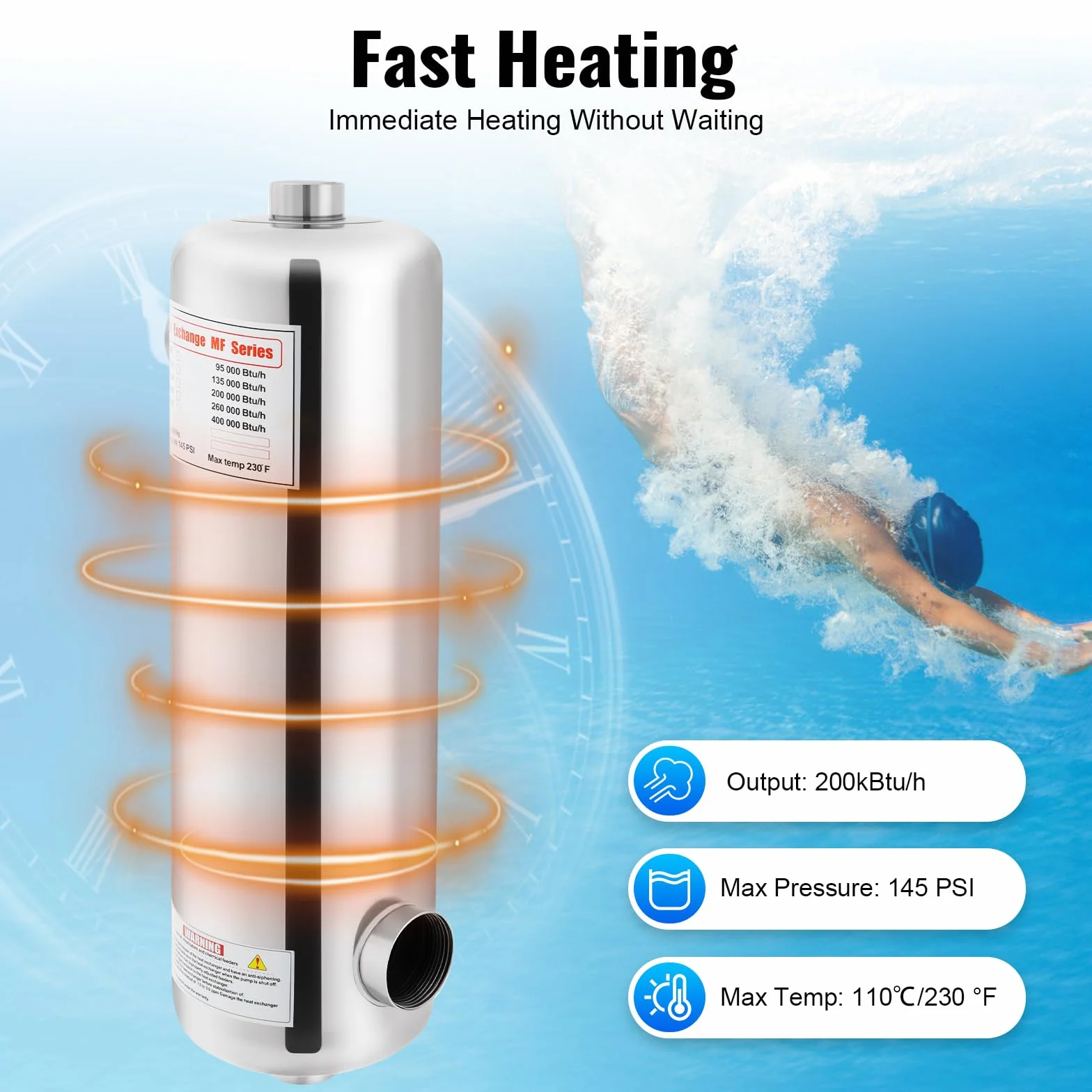 Scambiatore di calore per piscina, in acciaio inox, 60 kW, 250 l/min | Ideale per piscine e spa esterni; resiste all'acqua e alla corrosione per un uso prolungato senza problemi