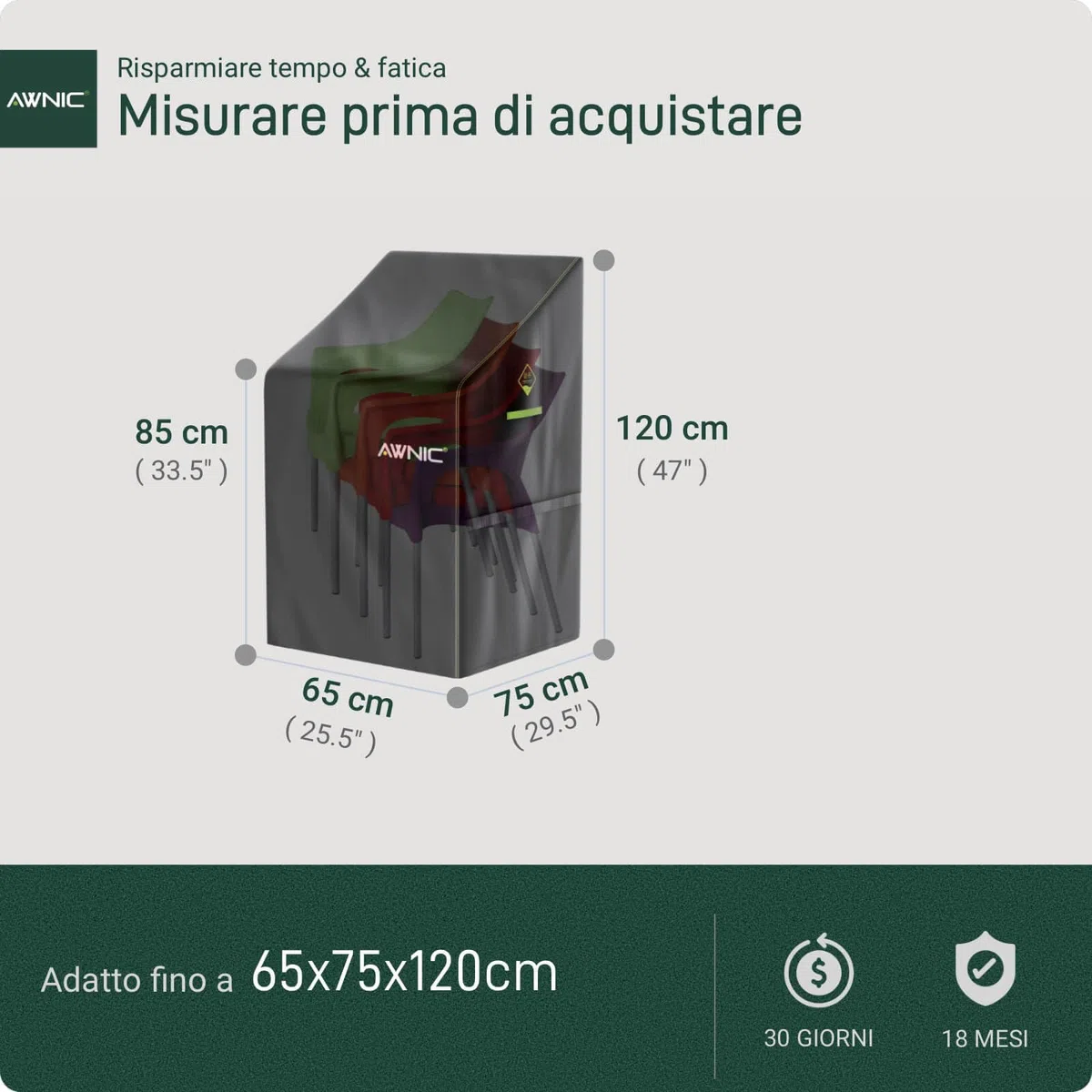 AWNIC Copertura Sedie Esterno Impermeabile, Antivento e Antipolvere, Resistente ai Raggi UV Copri Sedie da Giardino 420D Poliestere Adatto per Sedie Plastica Esterno Impilabili 65x75x85/120cm