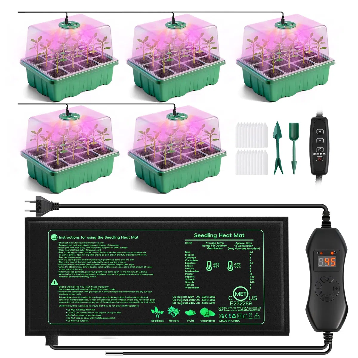 YAUNGEL Semenzaio Germinazione per Coltivazione con Lampada per Piante Tappetino Riscaldante, 5 pezzi Vassoio Germinazione per Coltivazione con Regolatore Termostatico Luminosità Regolabile