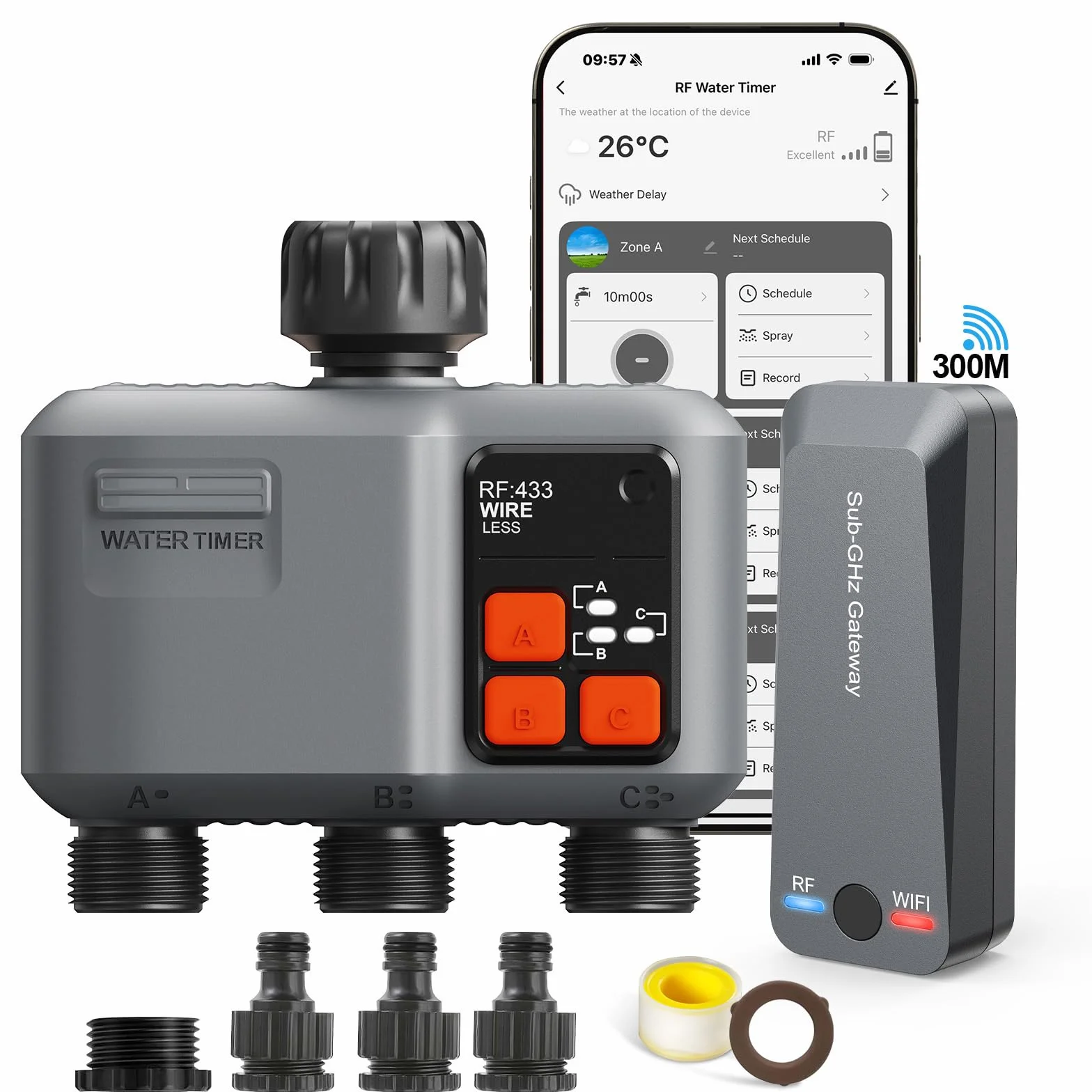 johgee Timer Irrigazione WiFi 3 Vie con Tecnologia RF 300M, Centralina Irrigazione WiFi, Compatibile con Alexa & App, Temporizzatore Irrigazione con 2 modalità & Ritardo Pioggia per Giardino, Prato