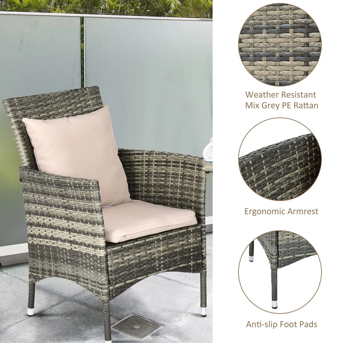GIANTEX Set Mobili da Giardino in Rattan 3 Pezzi, Salottino da Giardino con 2 Poltrone e 1 Tavolino da Caffè in Vetro, Cuscini Inclusi, Resistente alle Intemperie
