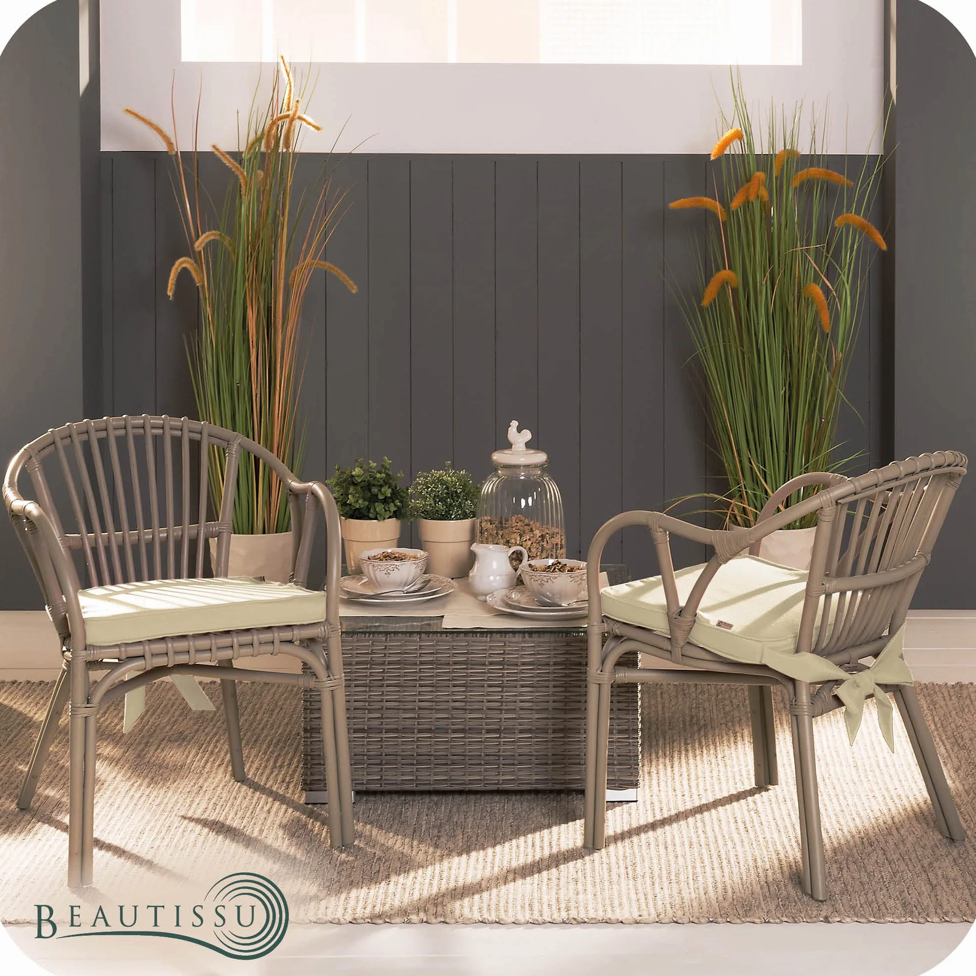 Beautissu Set da 4 cuscini sedie esterno con laccio sfoderabili giardino | 40x45cm beige spessore 5cm comodi e resistenti pratico mobili Loft SK Rattan Legno cuscino sedia Pia