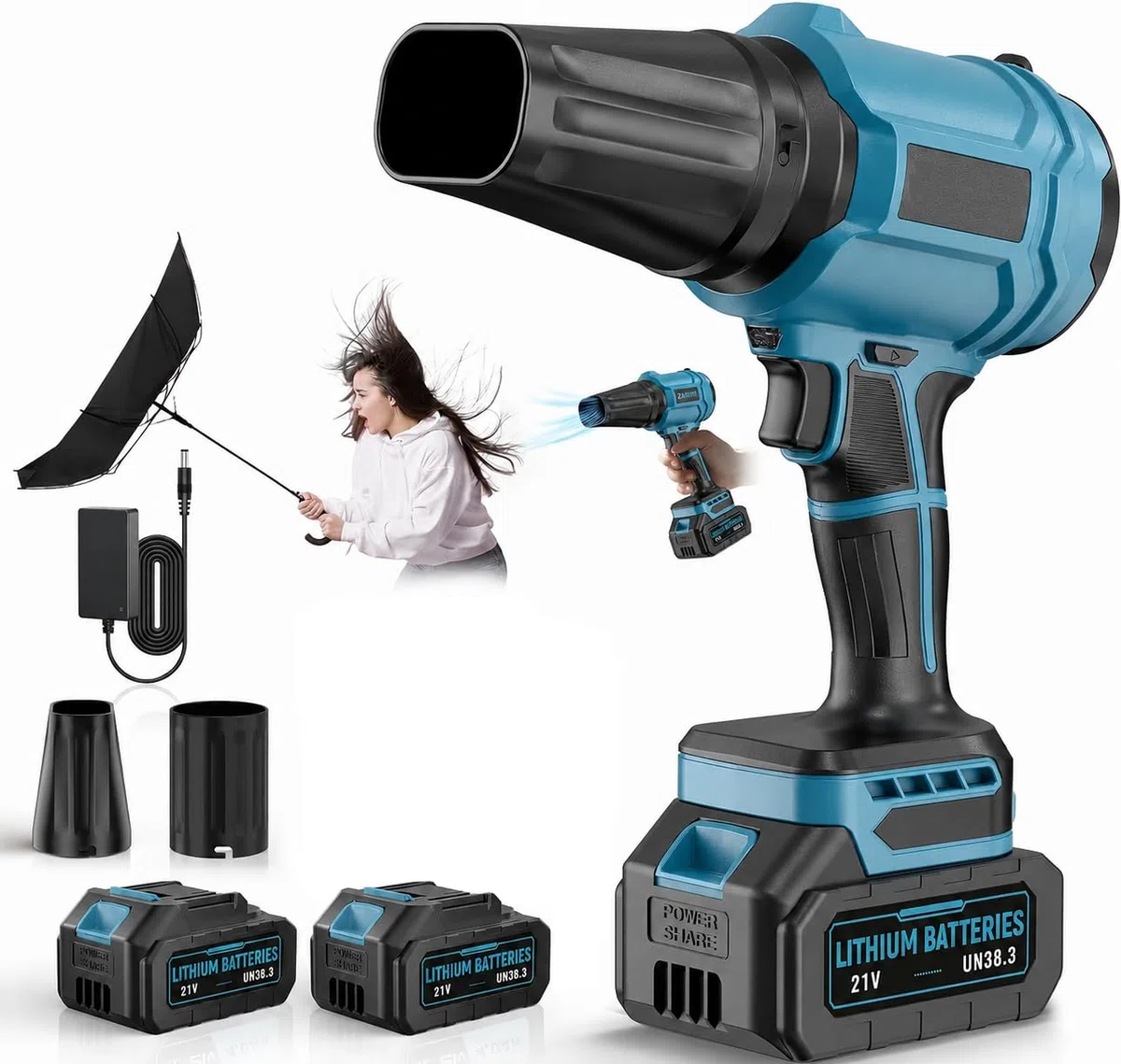 Soffiatore a batteria con 2 batterie da 4,0 Ah, motore turbo da 800.000 giri/min, velocità dell'aria 65 m/s, soffiatore senza fili con regolazione continua e 2 tubi di soffiaggio per giardino