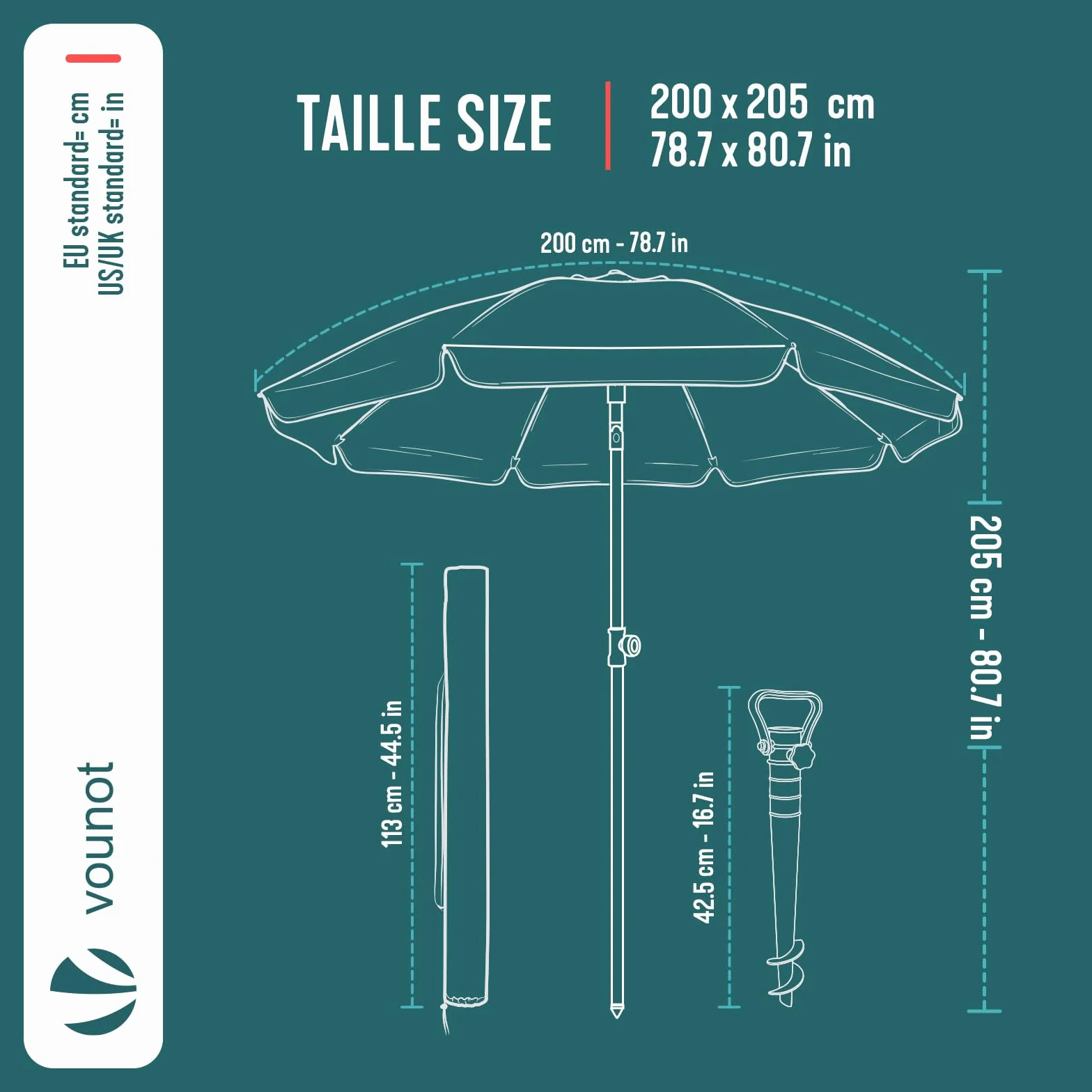 VOUNOT® Ombrellone da Spiaggia 2m Inclinabile Altezza Regolabile, Ombrellone da Giardino con Ancoraggio al Suolo Protezione UV 50+ e Borsa da Trasporto per Balcone, Terrazza e Campeggio, Grigio