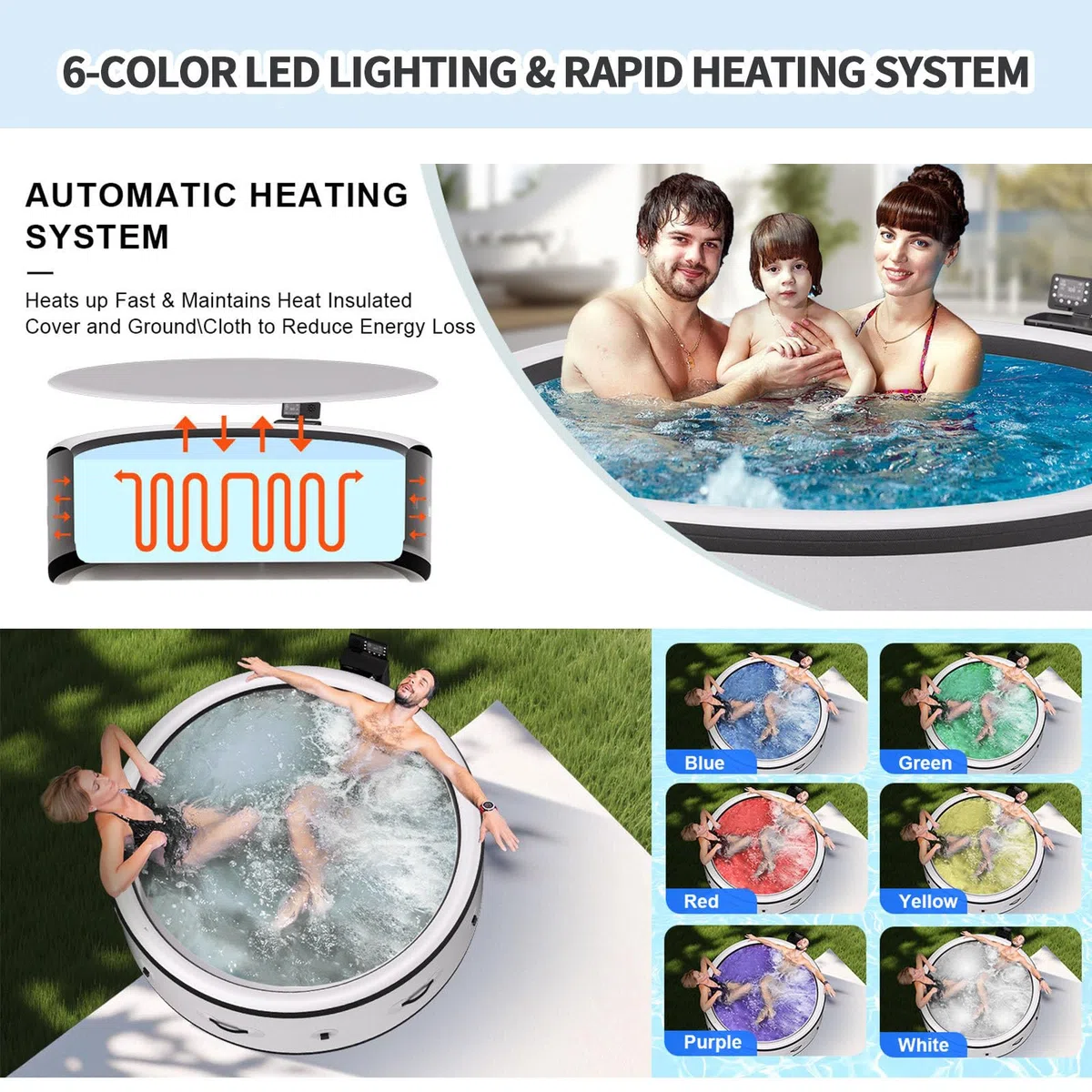 Grande Vasca Idromassaggio Rotonda Portatile per 4-6 Persone, Spa da Esterno con 150 Getti d'Aria, Pompa di Riscaldamento E Copertura Isolante, 81" X 28", per Patio, Giardino E Spazi Aperti
