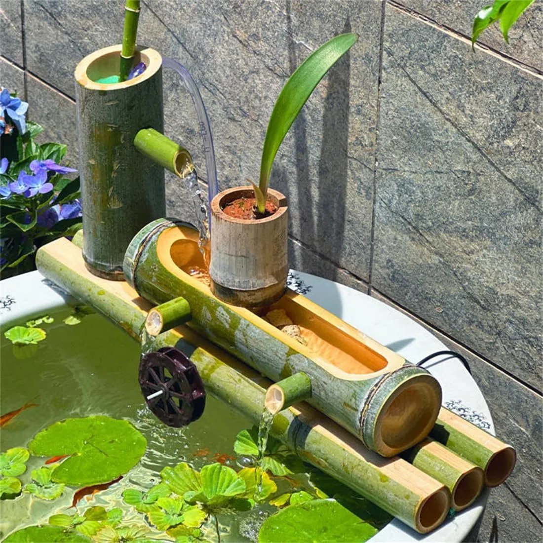 Kit fontana solare in bambù con pompa, decorazione da giardino zen per esterni, fontana Feng Shui ad energia solare, per cortile, prato, 35 cm, fontana in bambù ecologica