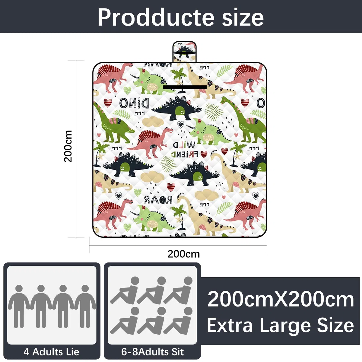 Tappetino da picnic 2 mx2m (dinosauro) - Coperta da Picnic - Picnic Blanket Impermeabile e Pieghevole | Coperta Picnic Lavabile per Spiaggia, Campeggio, Giardino, Parco