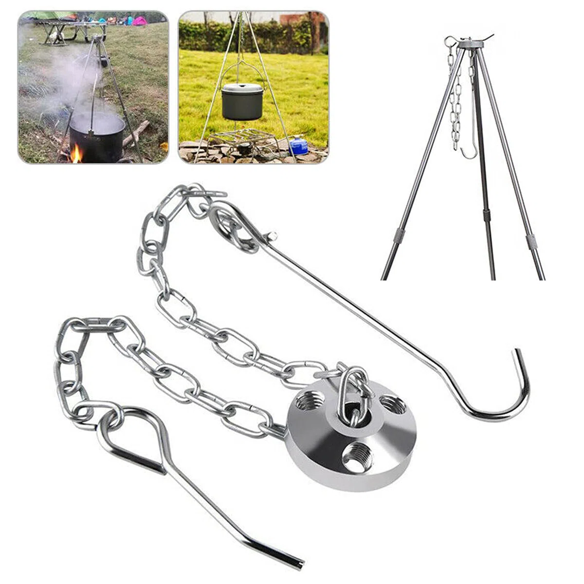 Treppiede per barbecue, telaio telescopico a tre zampe, per cucinare all'aperto, set di treppiedi pieghevole per falò, griglia per campeggio, barbecue sospeso, campeggio con catena e gancio