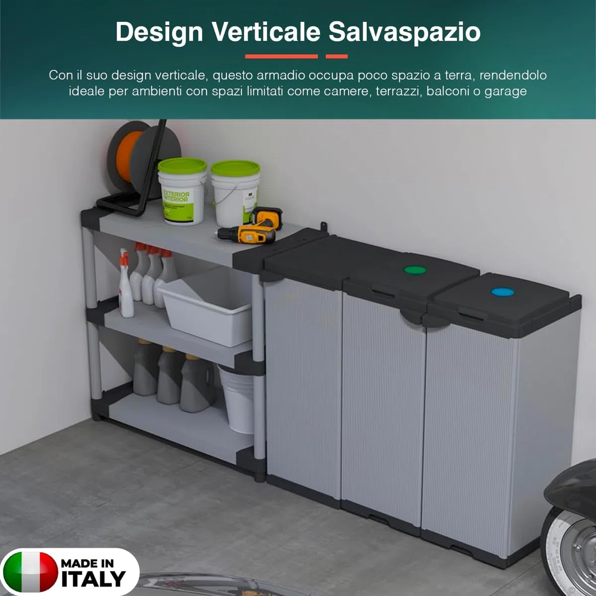 Avilia Armadio da Esterno 1 Anta - Mobile Modulare Adatto per Esterni ed Interni, Ripiani Regolabili, Porta Bombola Gas 10Kg, in Resina PVC e PP, con Kit Montaggio, Grigio, 35x39.5x85cm, Made in Italy