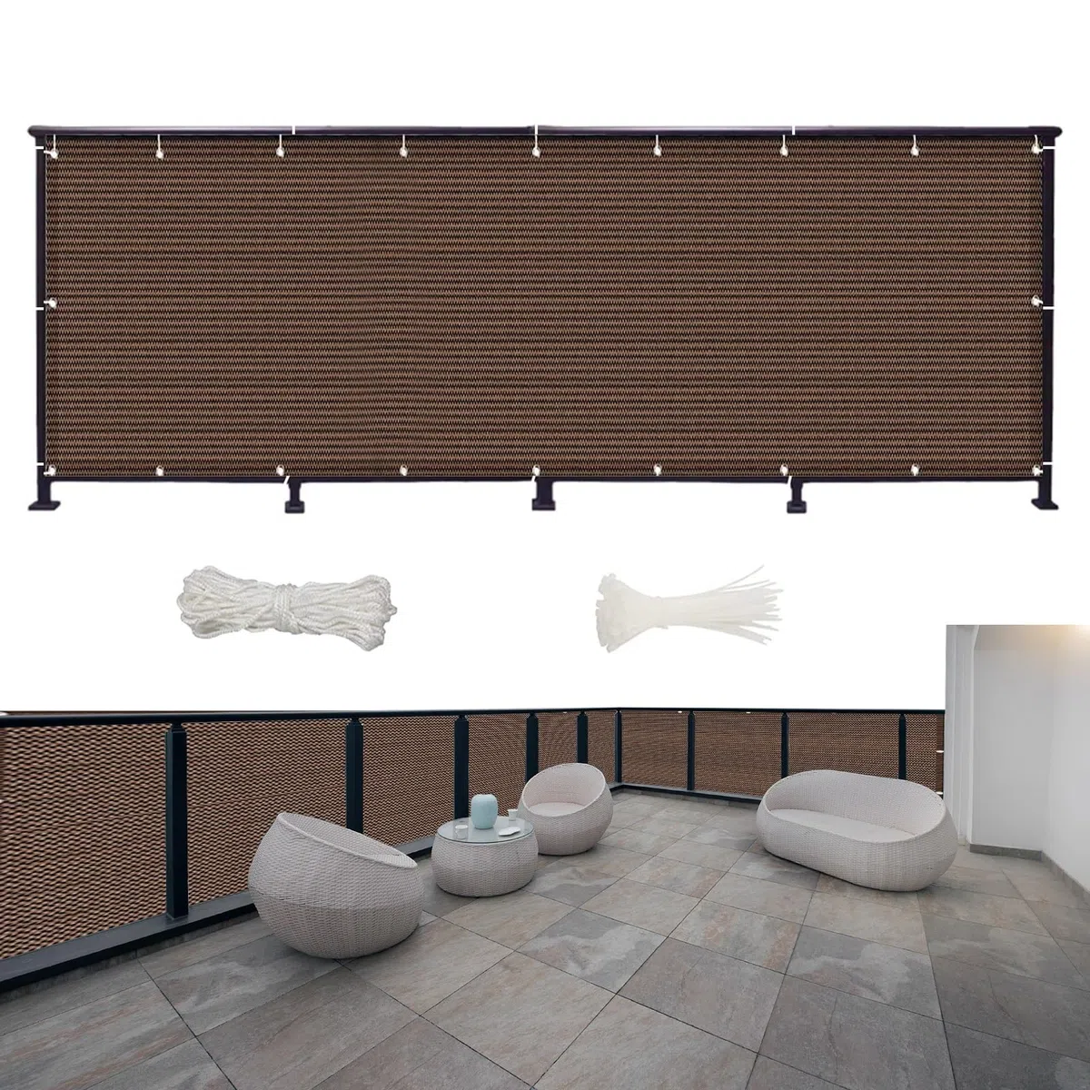 Telo Frangivento per Balconi 150 x 45 cm Raggi UV Antistrappo Antivento, Recinzione Copertura per Balcone Protezione Della Privacy Schermo, per Giardino Esterno, Marrone