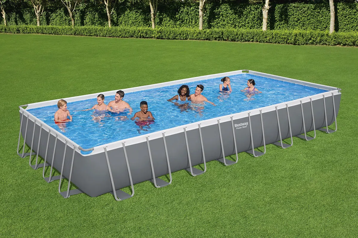 Bestway, Power Steel, Piscina rettangolare con struttura in acciaio, grigio chiaro, pompa con filtro a sabbia + accessori, 956 x 488 x 132 cm