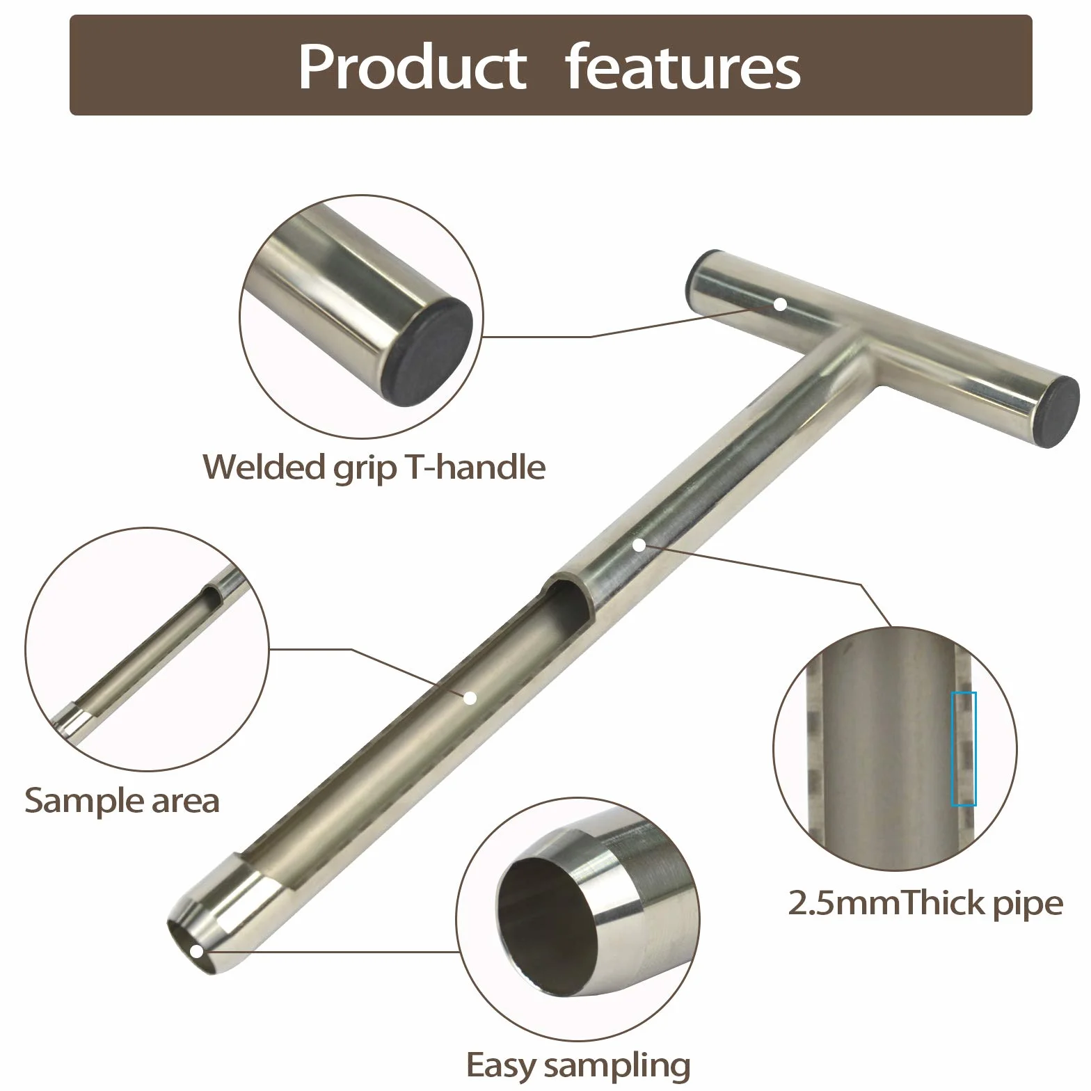 SurmountWay - Sonda campionatore per suolo da 30 cm con 2 sacchetti riutilizzabili per campioni, in acciaio inox, con manico a T, piante per la cura del terreno, giardino e prato agricolo