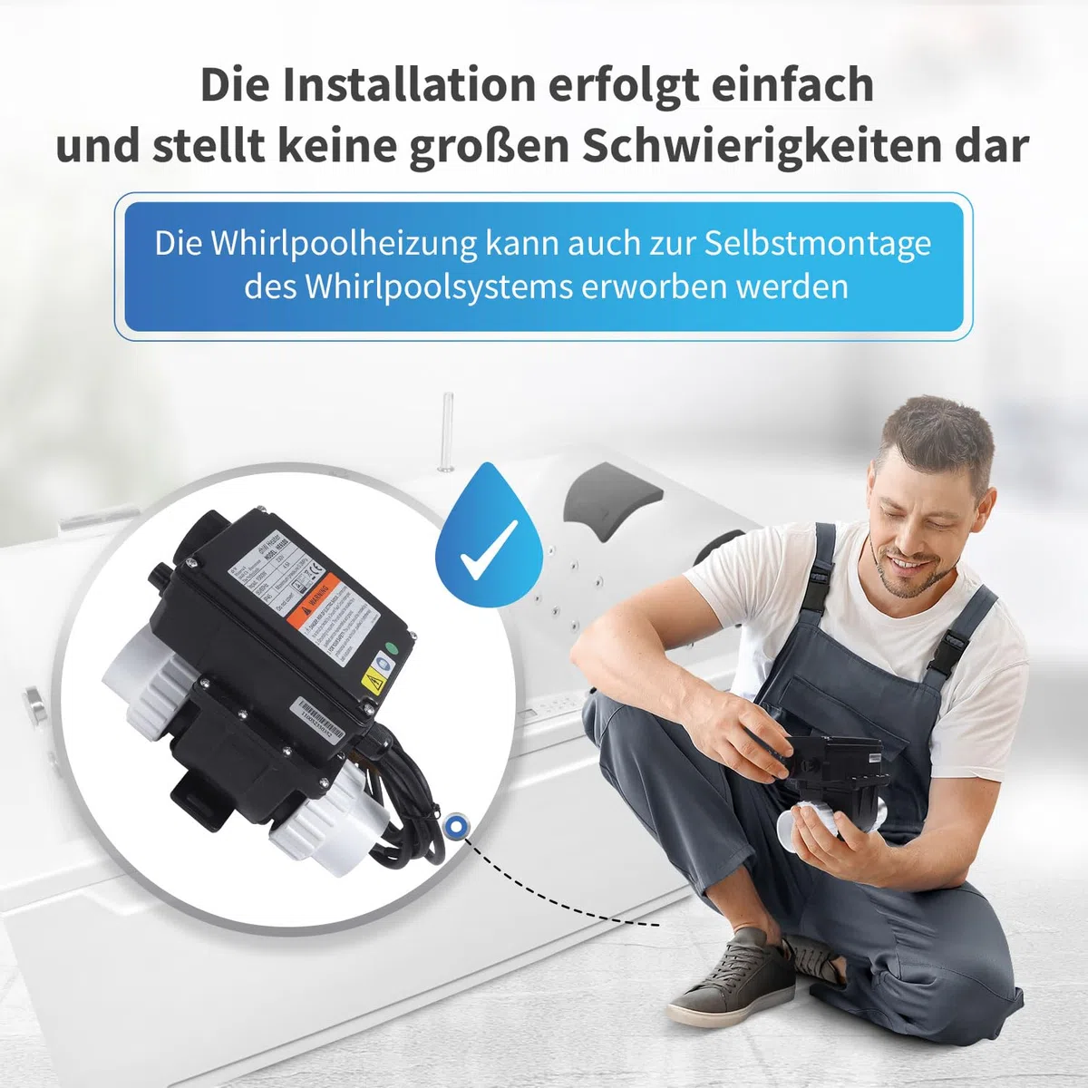 AQUADE Riscaldatore elettrico idromassaggio da 3 kW - Scaldacqua istantaneo per spa, vasca idromassaggio esterno e piccole piscine fino a 1280L - Scaldabagno con termostato e protezione contro il