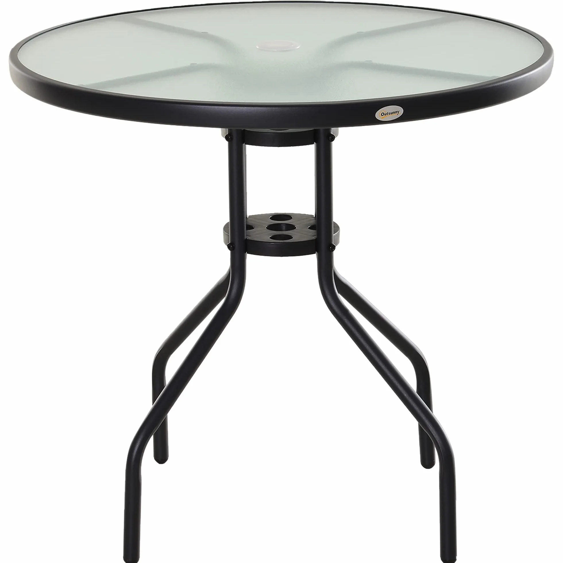 Outsunny Tavolino da Giardino con Piano in Vetro Temperato e Foro per Ombrellone Acciaio Ф80 x 72 cm Nero