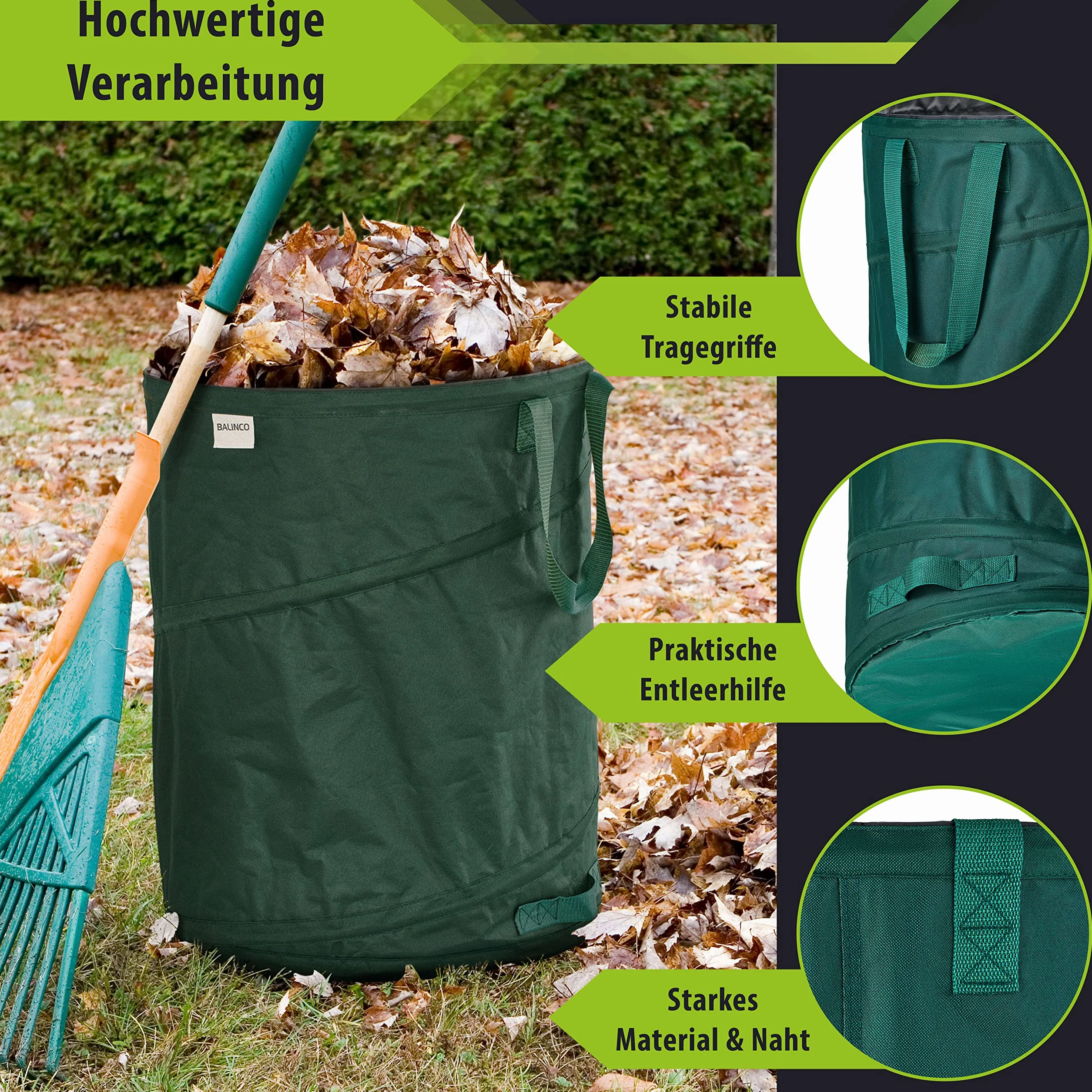 1x 170 litri sacco pop-up per rifiuti da giardino verde autoportante e stabile | per foglie | da giardino | per rifiuti verde pieghevole grande poliestere estremamente robusto 220 g/m² (1x 170 litri)