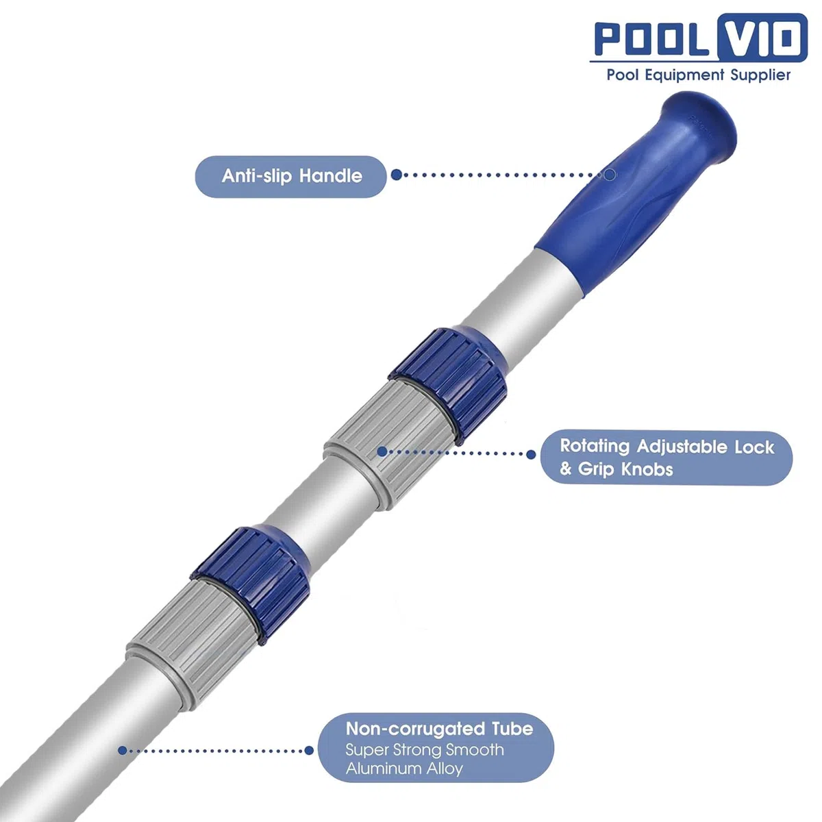 Poolvio Palo telescopico per piscina da 4,5 m, regolabile, in alluminio, 3 pezzi, per la pulizia della piscina, retini, testine e spazzole, presa forte e blocco