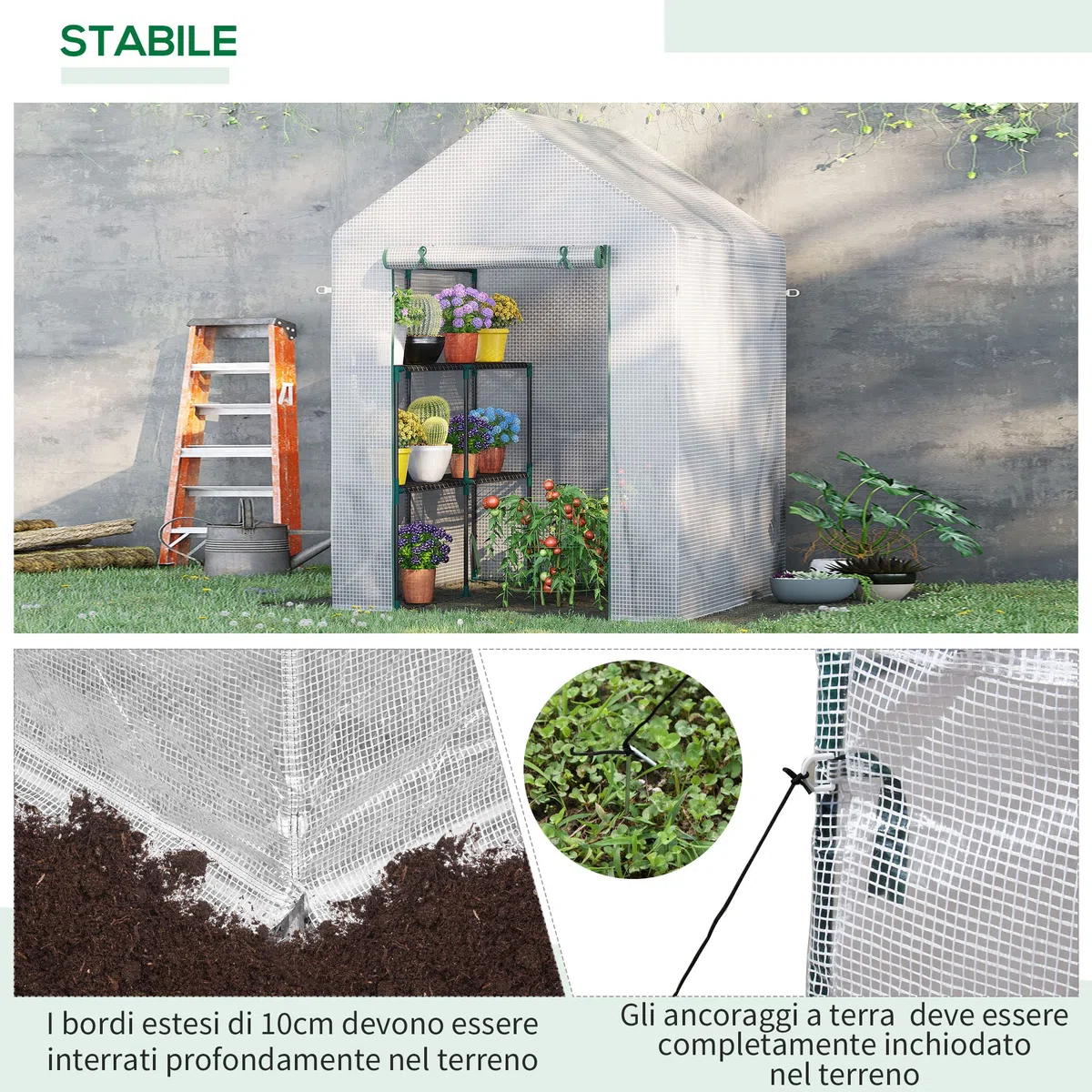 Outsunny Serra da Giardino in Acciaio e Copertura PE, Serra da Balcone per Piante con 2 Scaffali e Porta Avvolgibile, 143x143x195cm, Bianco