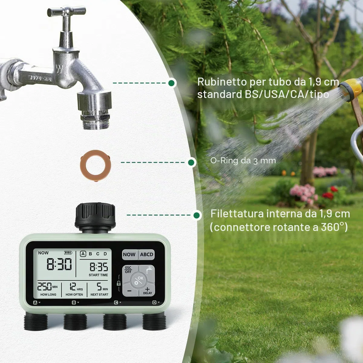 CROSOFMI 4 Vie Timer Irrigazione Automatica Digitale Centralina Irrigazione Temporizzatore Programmatore Irrigazione Giardino /IPX5 Impermeabile/Ritardo Pioggia/Modalità di Irrigazione Manuale