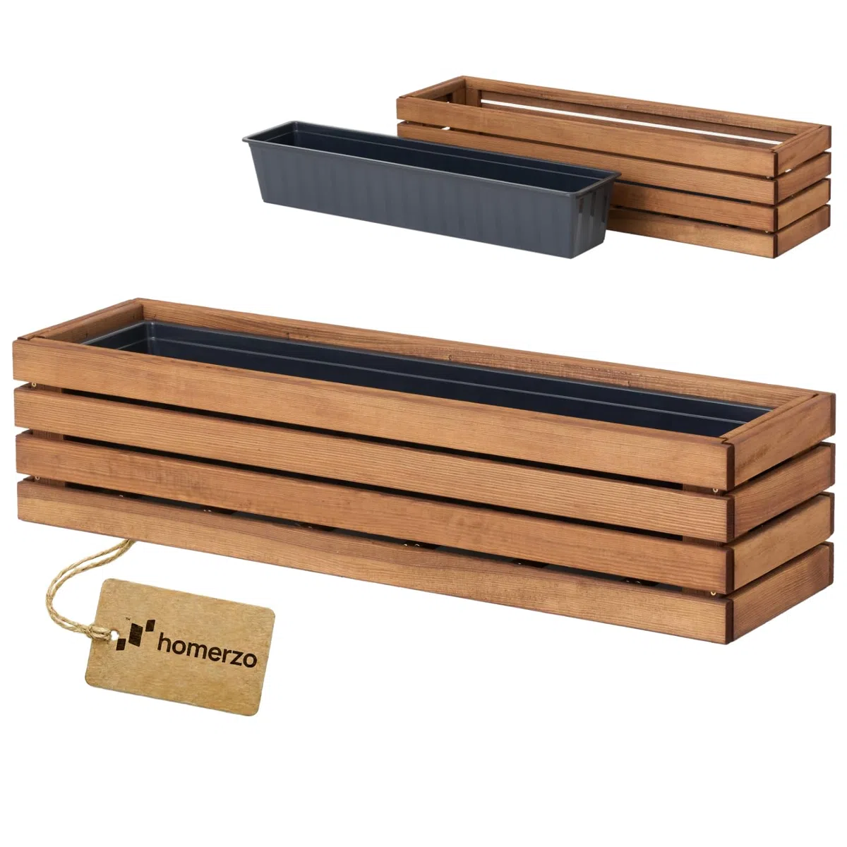 Fioriera in legno rettangolare – impregnata marrone, con inserto in plastica rimovibile – Vaso per fiori per balcone, giardino e terrazza (Orizzontale marrone, 86x23 H20)