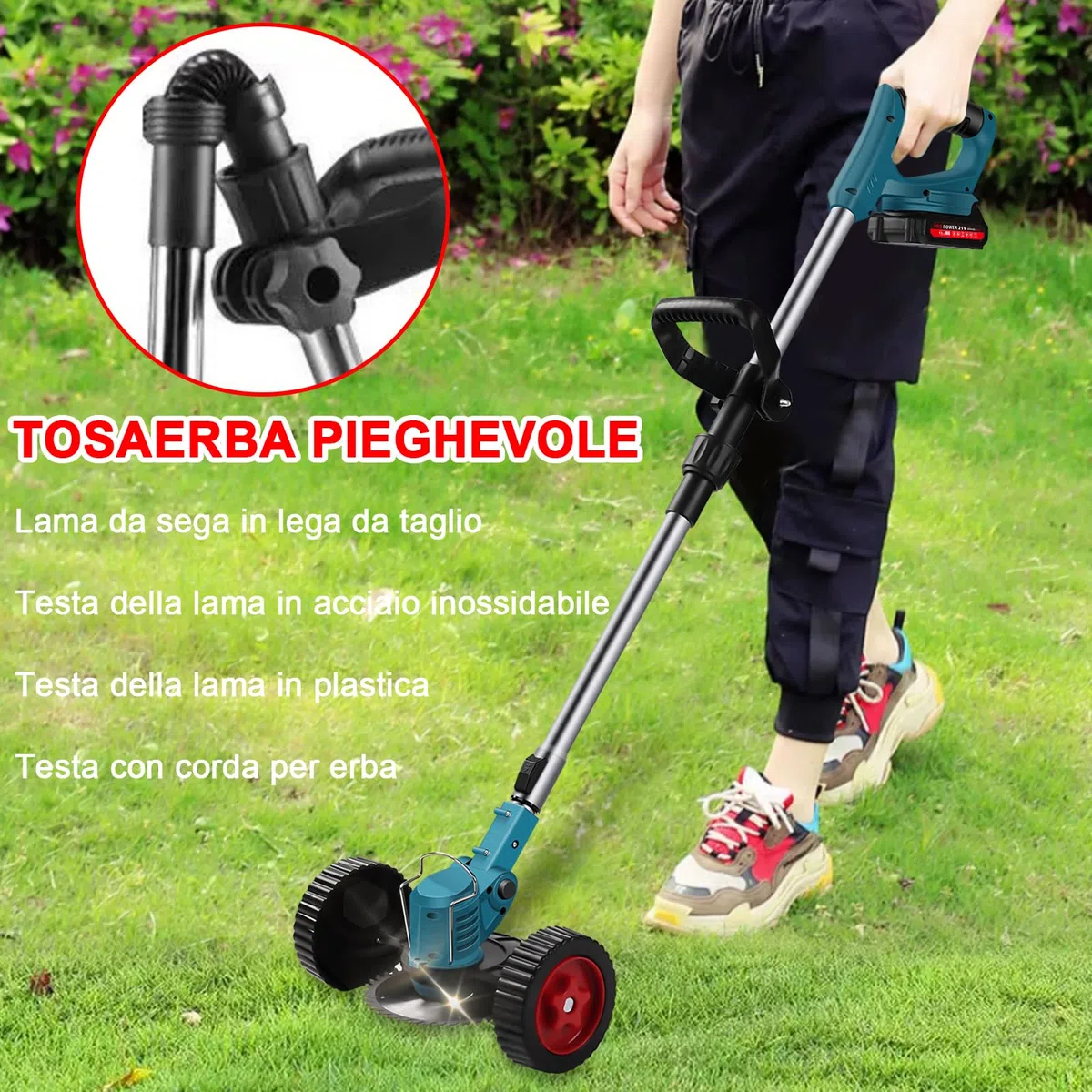 Decespugliatore elettrico con 2 batterie, 3 Tipi lame compatibile con batterie da 21 V, motore brushless, tosaerba manuale, per tosaerba e bordi Prati E Terreni