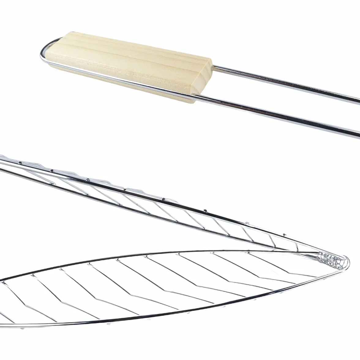 Arrostitore per pesce, supporto per griglia per pesce in acciaio inox con manico in legno, vassoio multifunzionale per barbecue per frutti di mare e verdure