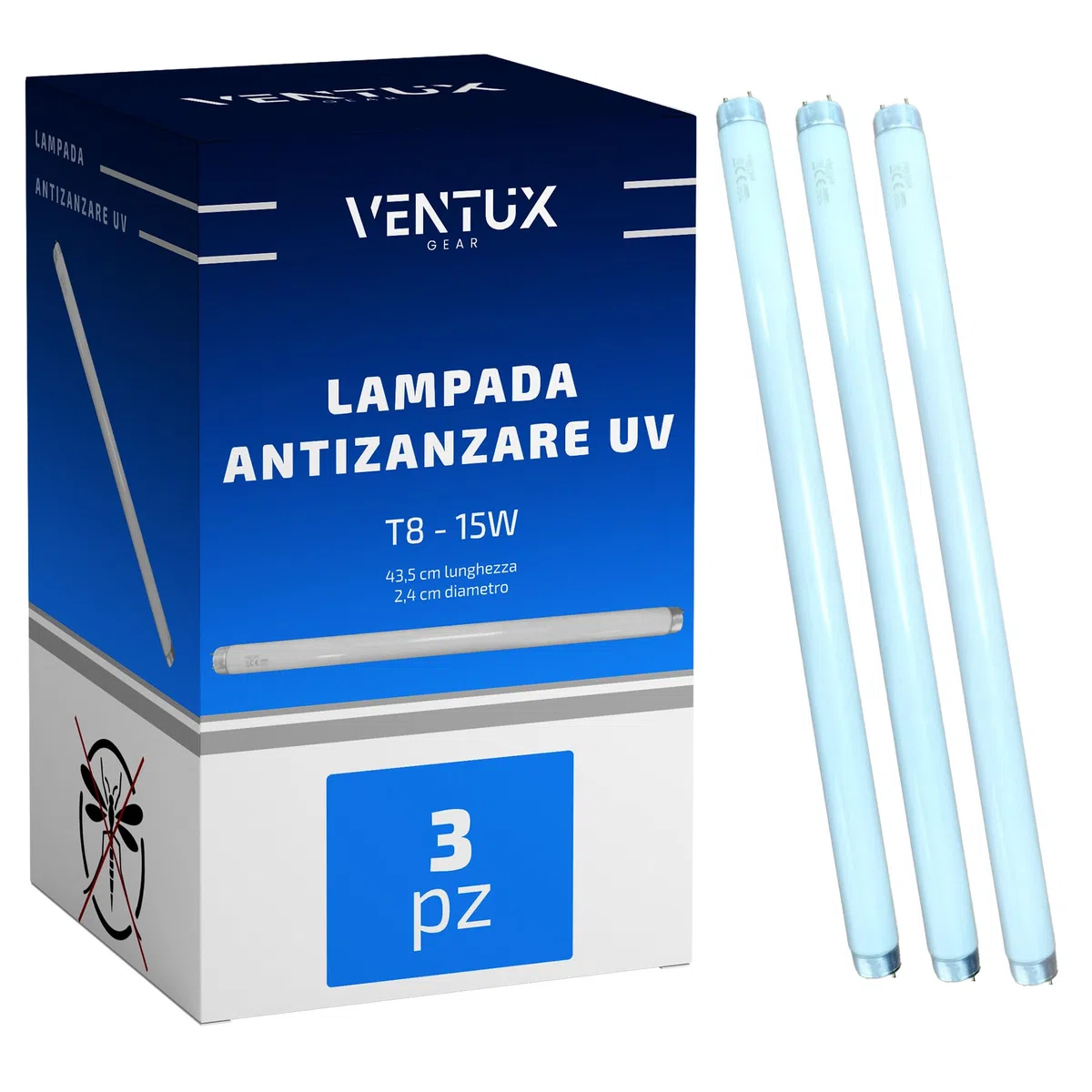 Tubo Neon UV-A Antizanzare T8 15W – 3 Pezzi Attacco G13, 367 nm, Shatterproof, 437 mm, 9.000 Ore Ricambio per Lampade Elettro-Insetticida | Luce attinica UV blu