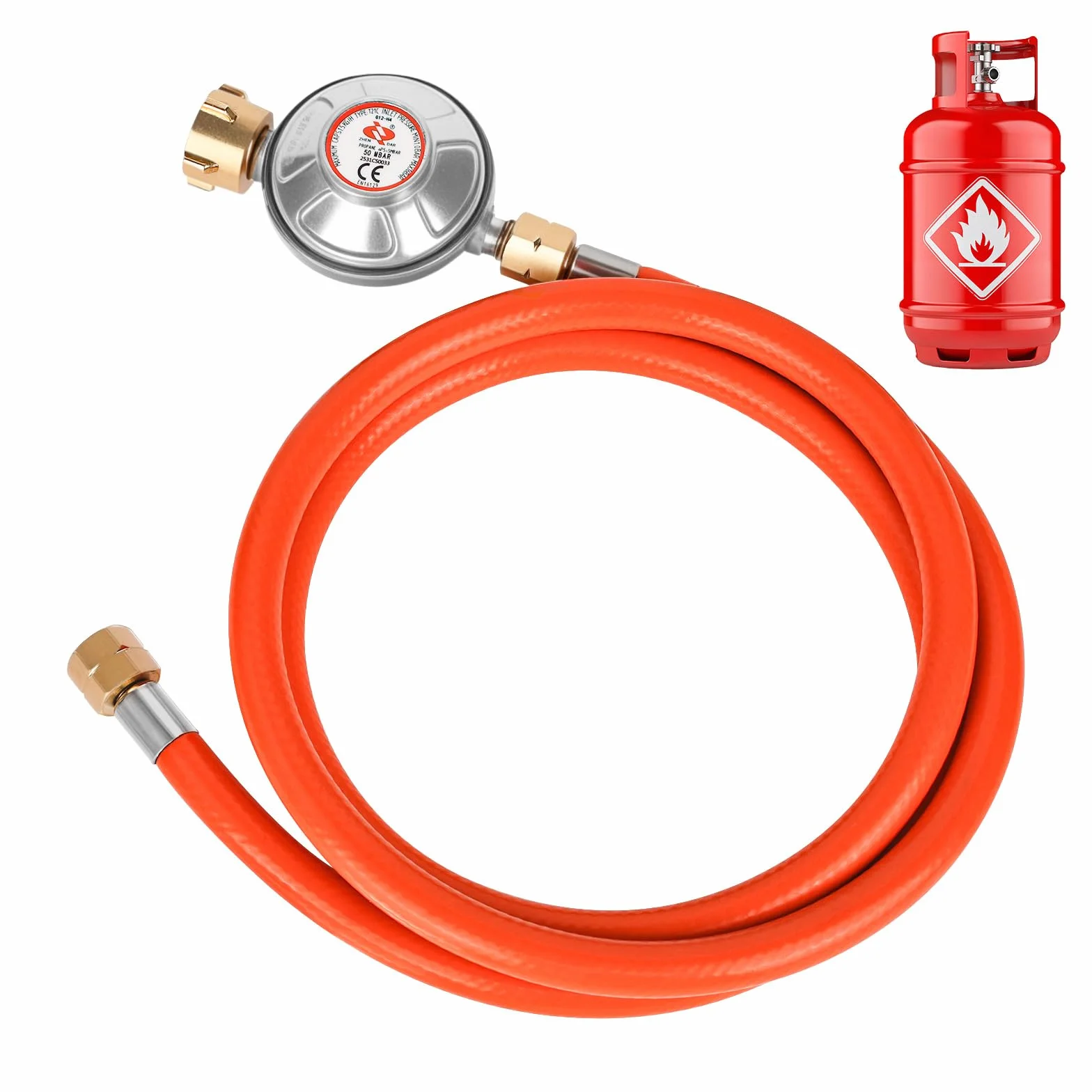 Regolatore di pressione del gas, 50 mbar, tubo del gas, 150 cm, filettatura esterna, 1/4" -19 LH, regolatore di pressione a bassa pressione per barbecue per campeggio, picnic, barbecue