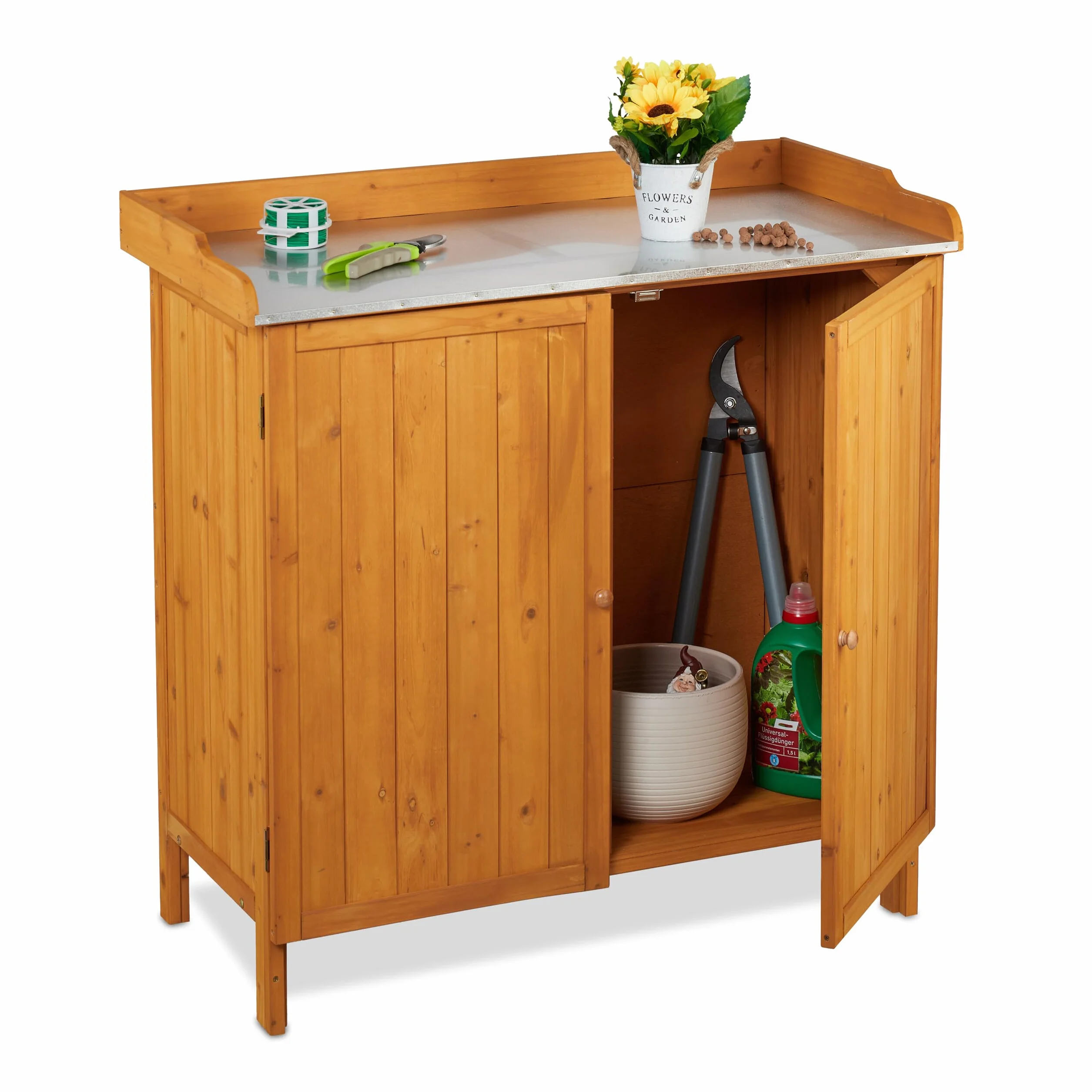 Relaxdays Tavolo da Lavoro per Giardinaggio, Banco da Lavoro Zincato da Giardino, Armadietto Legno, 94x94x47 cm, Arancio