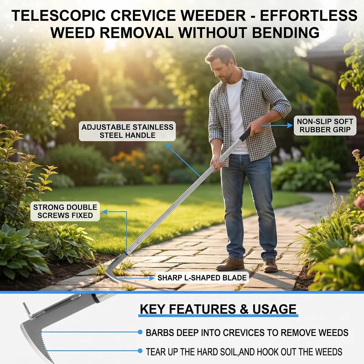 Fugenkratzer Pietre per eraseri, eliminatore di Erbacce Resistente con Impugnatura Regolabile a Tre Parti (69-138 cm) per Piastrelle, terrazze e marciapiedi, eraseri ergonomici