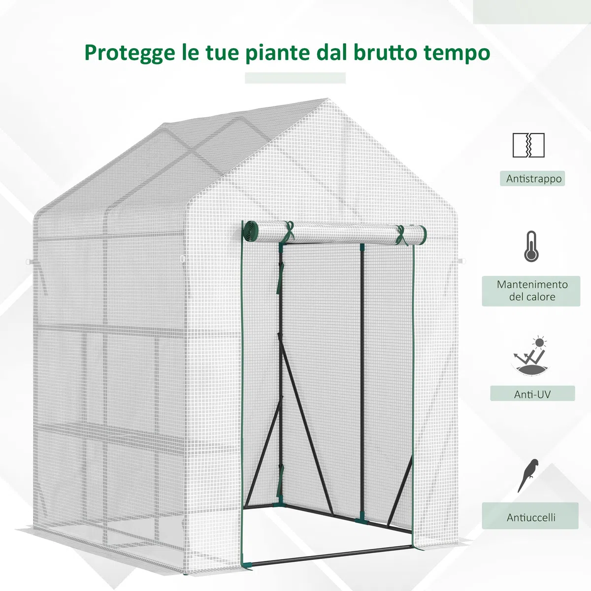 Outsunny Serra da Giardino in Acciaio e Copertura PE, Serra da Balcone per Piante con 2 Scaffali e Porta Avvolgibile, 143x143x195cm, Bianco