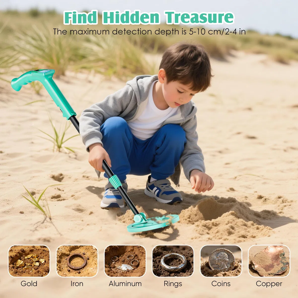 Metal Detector Bambini, Metal Detector per Bambino Leggero con Asta Regolabile 66-83 cm, Display LCD e Bobina di Ricerca Impermeabile, Pala, Rastrello, Setaccio e Borsa, Verde