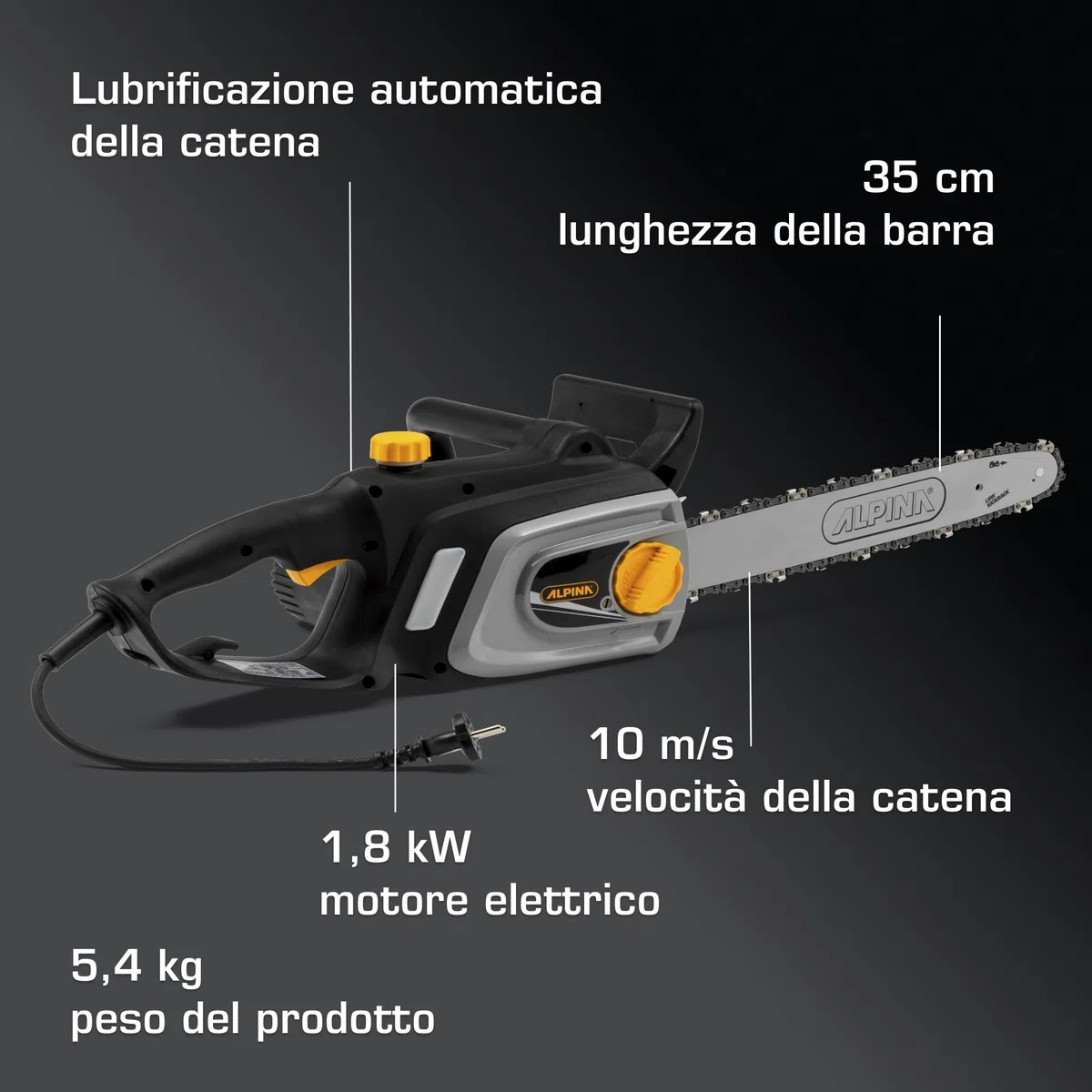 Alpina ACS 181 E Motosega Elettrica, 1800 W, 35 cm – Freno Catena Doppia Azione, Lubrificazione Automatica – Uso Domestico