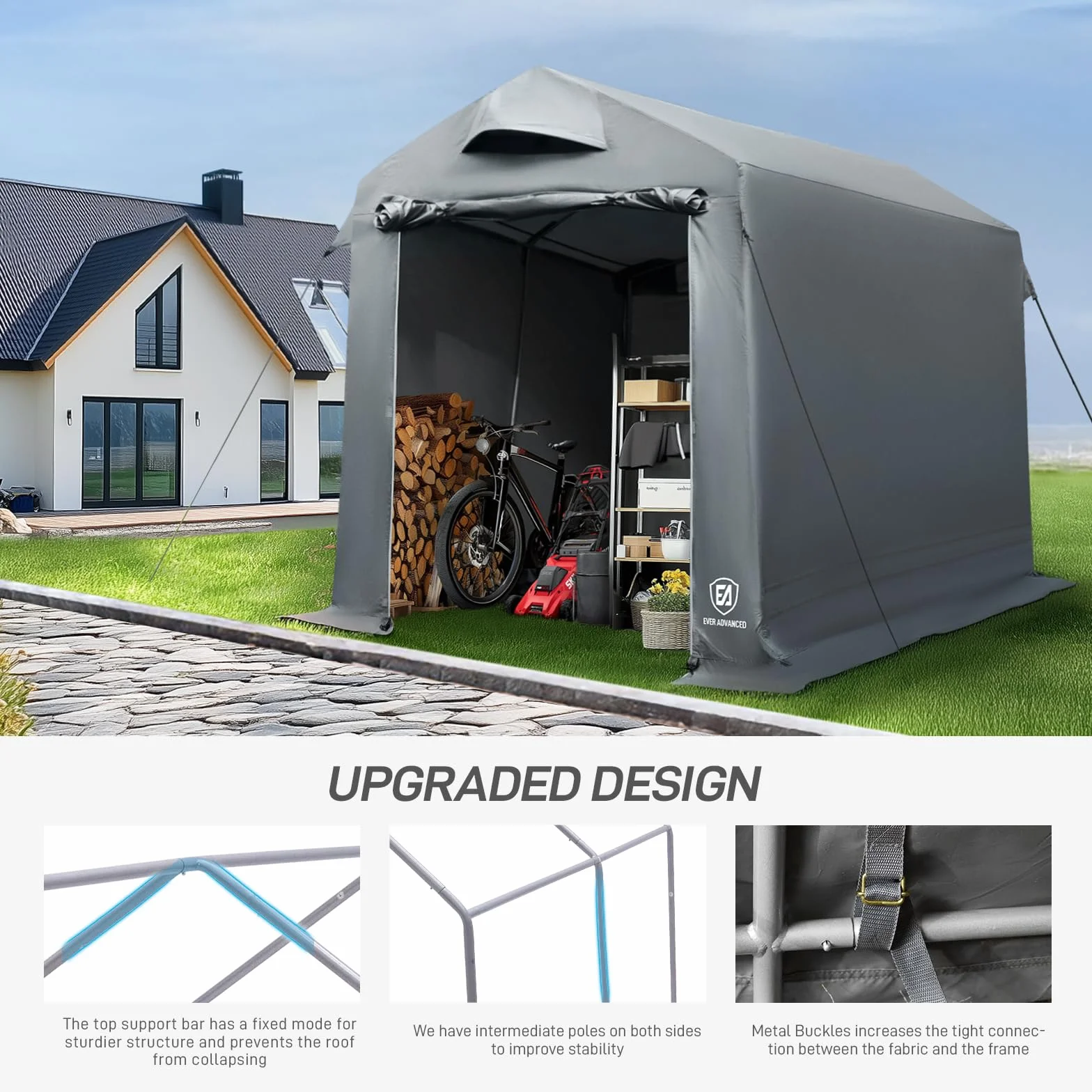 EVER ADVANCED Capanno per Attrezzi 9,8m³ Tenda per Bicicletta 190x230x225cm, Tenda per Attrezzi Impermeabile con 2 Aperture di Ventilazione, Garage per Biciclette Multiuso, Grigio