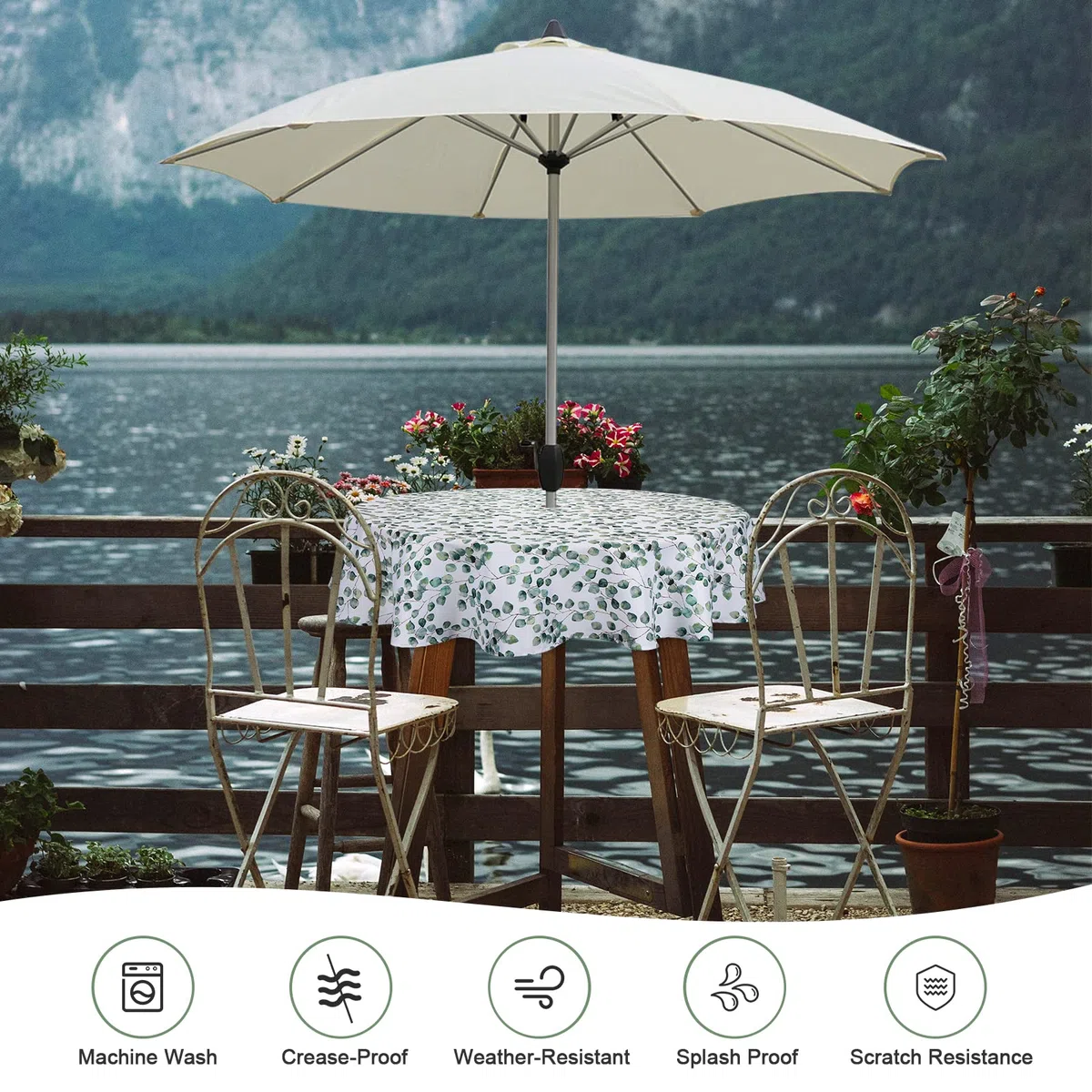 Qucover Tovaglia rotonda da esterni, 180 cm, in poliestere, motivo a foglie, lavabile, con foro per ombrellone e cerniera, per tavolo da giardino, barbecue, riunioni di famiglia, feste