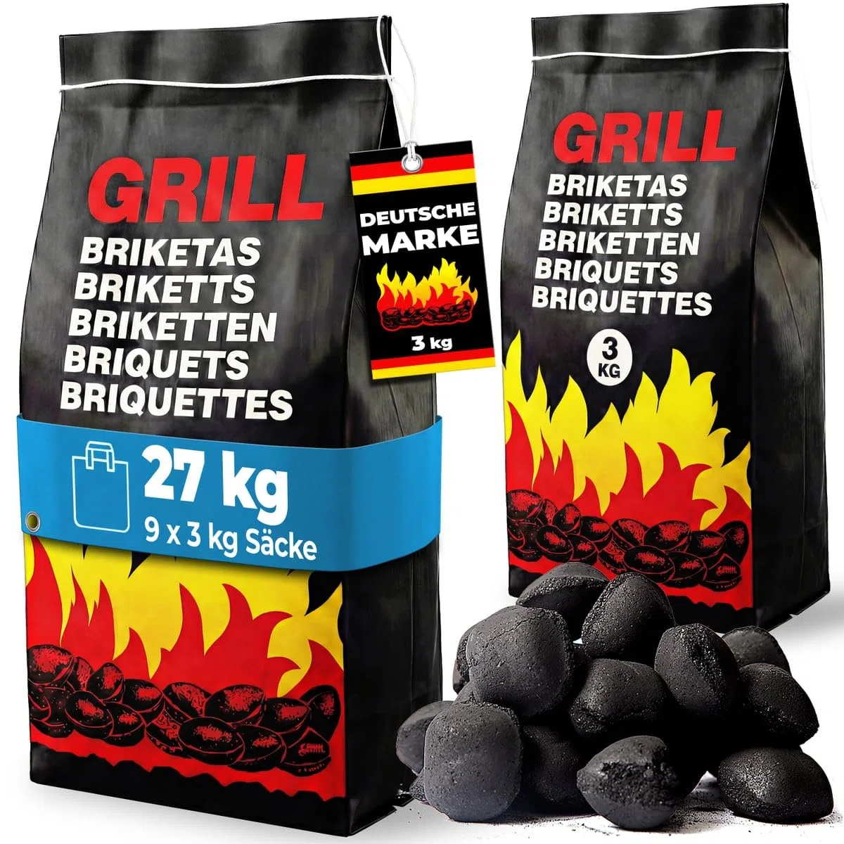 DEUBA® Carbonella per Barbecue 27kg 9 Sacchetti da 3 kg Bricchetti Carbone per Grigliare BBQ Bricchette Grigliata Brace