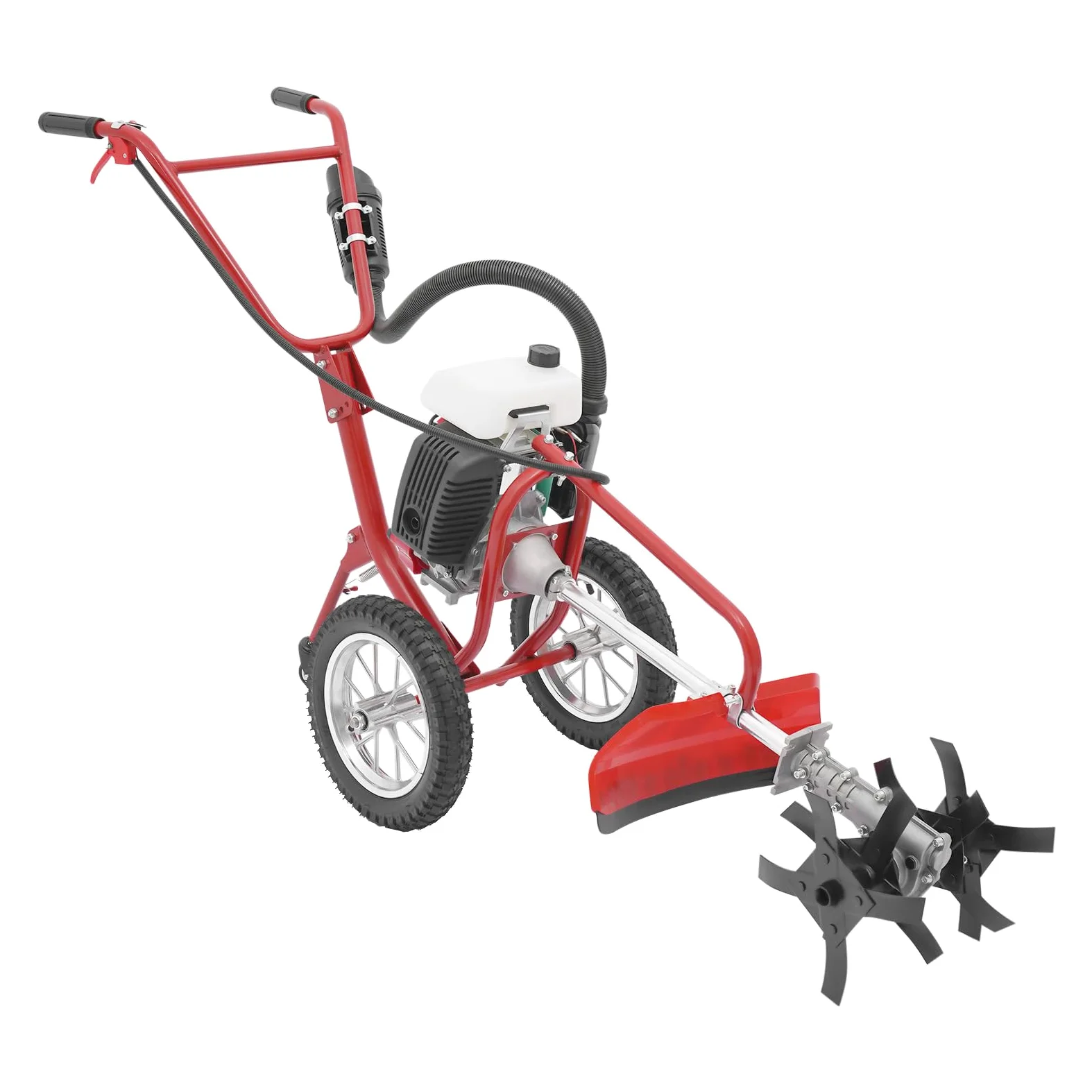 Motozappa a benzina 63 cc, 4 tempi, 4 CV, motozappa da giardino, coltivatore, fresa per terreno, con ruote, motozappa per la lavorazione del suolo, profondità di coltivazione di 10 cm, avviamento a