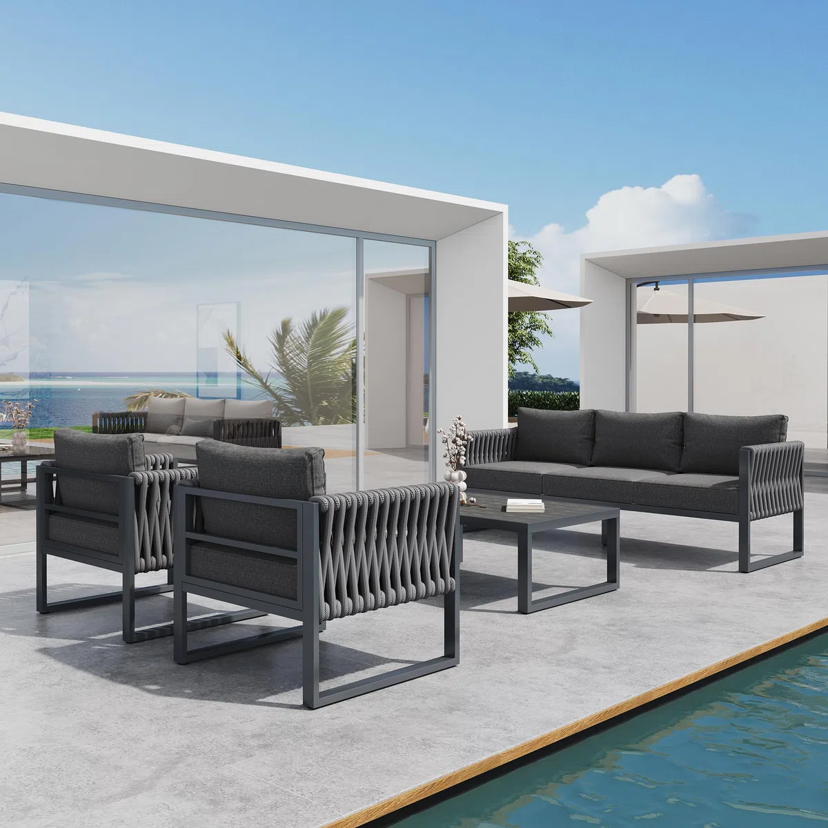 Set di mobili da giardino da esterno a 5 posti, con piedini regolabili, imbottiture e struttura in metallo antiruggine, per balcone, terrazza, grigio
