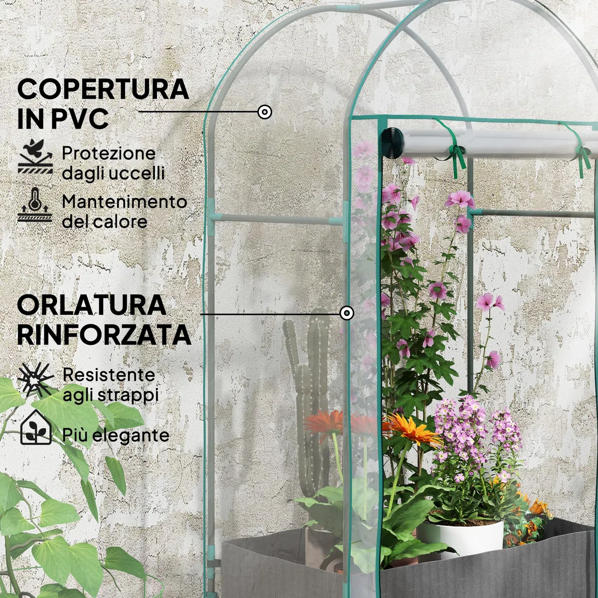 Outsunny Serra da Balcone per Orto con Porta a Cerniera Avvolgibile e Sacco per Piante, Serra da Giardino in Acciaio e Plastica, per Piante, Fiori e Verdure, 89x50x152 cm, Trasparente