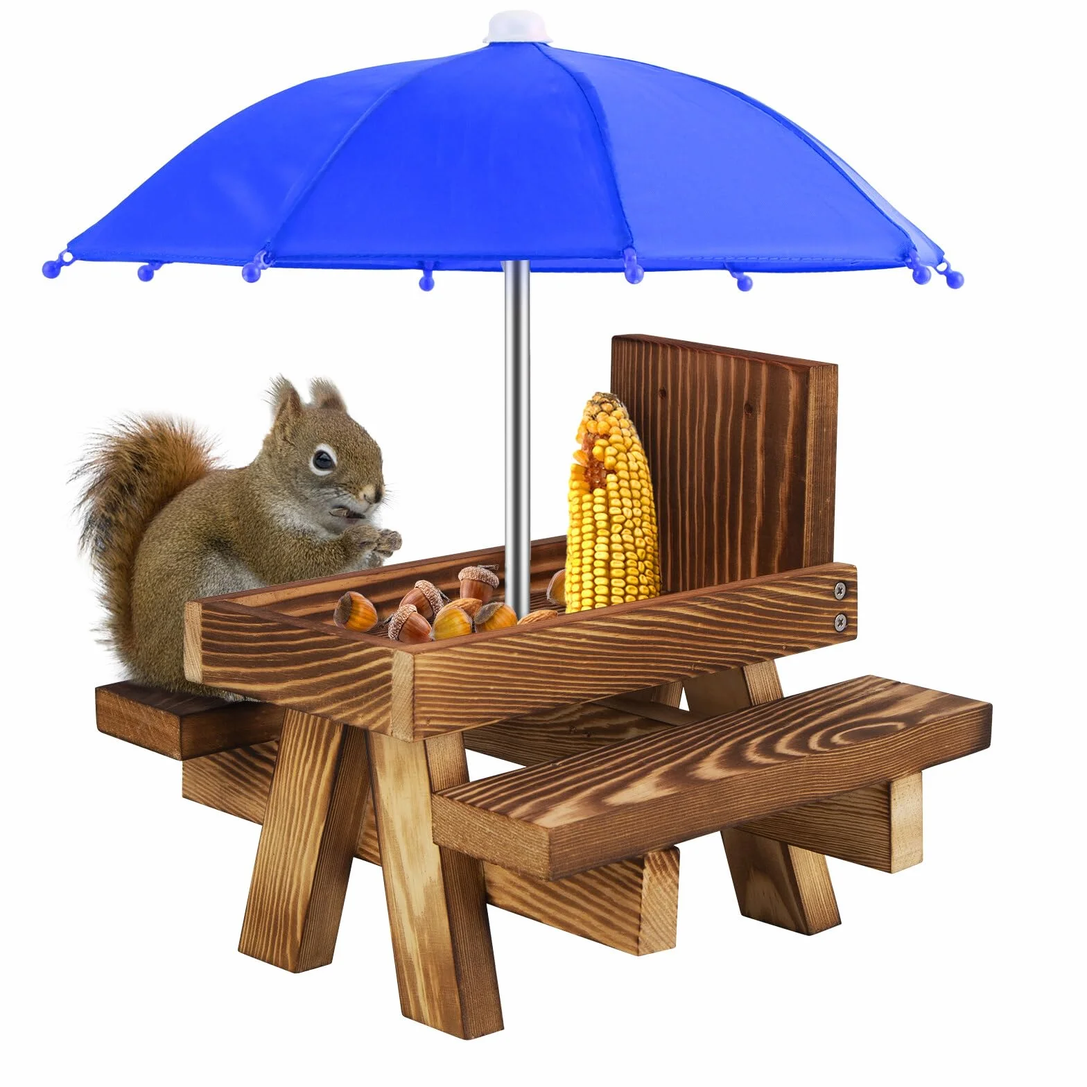 Mangiatoia per scoiattoli, mangiatoia per scoiattoli, in legno, divertente, per scoiattoli, uccelli, scoiattoli, con ombrello, per giardino, cortile, albero