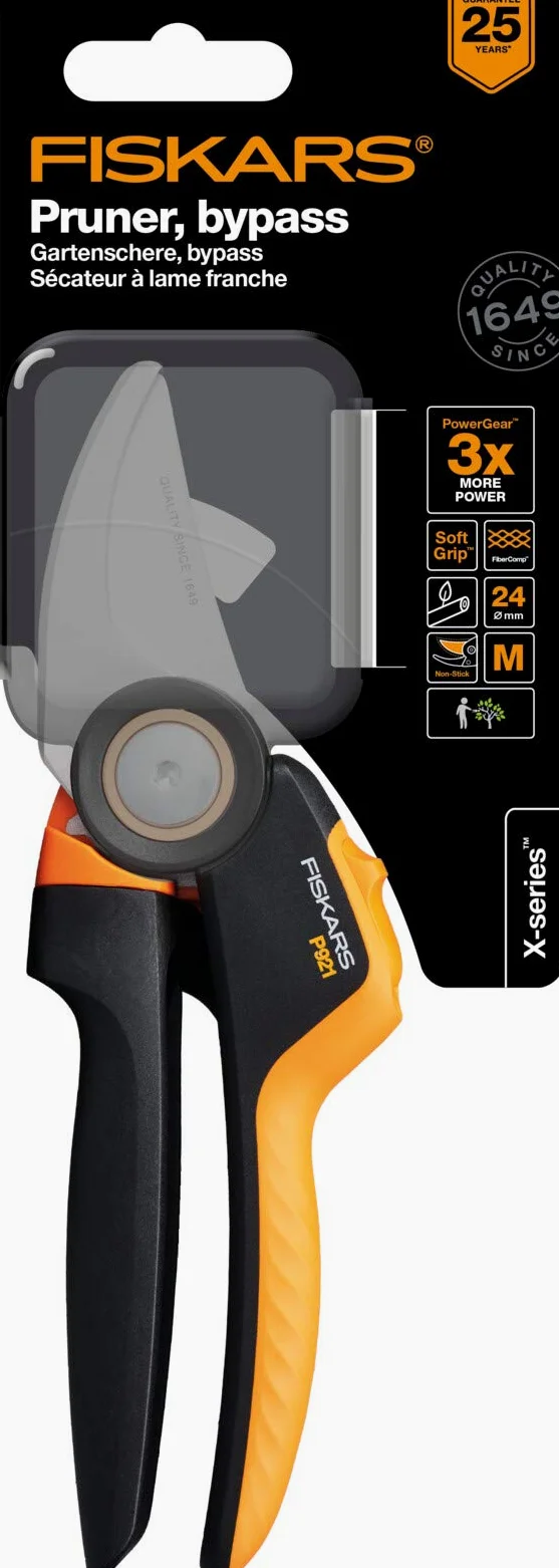Fiskars Forbici da potatura bypass M, X-series PowerGear, P921, Impugnatura rotante, Per rami freschi e ramoscelli, Rivestimento antiaderente, Lame in acciaio inox, 20,1 cm, Nero/Arancione, 1057173