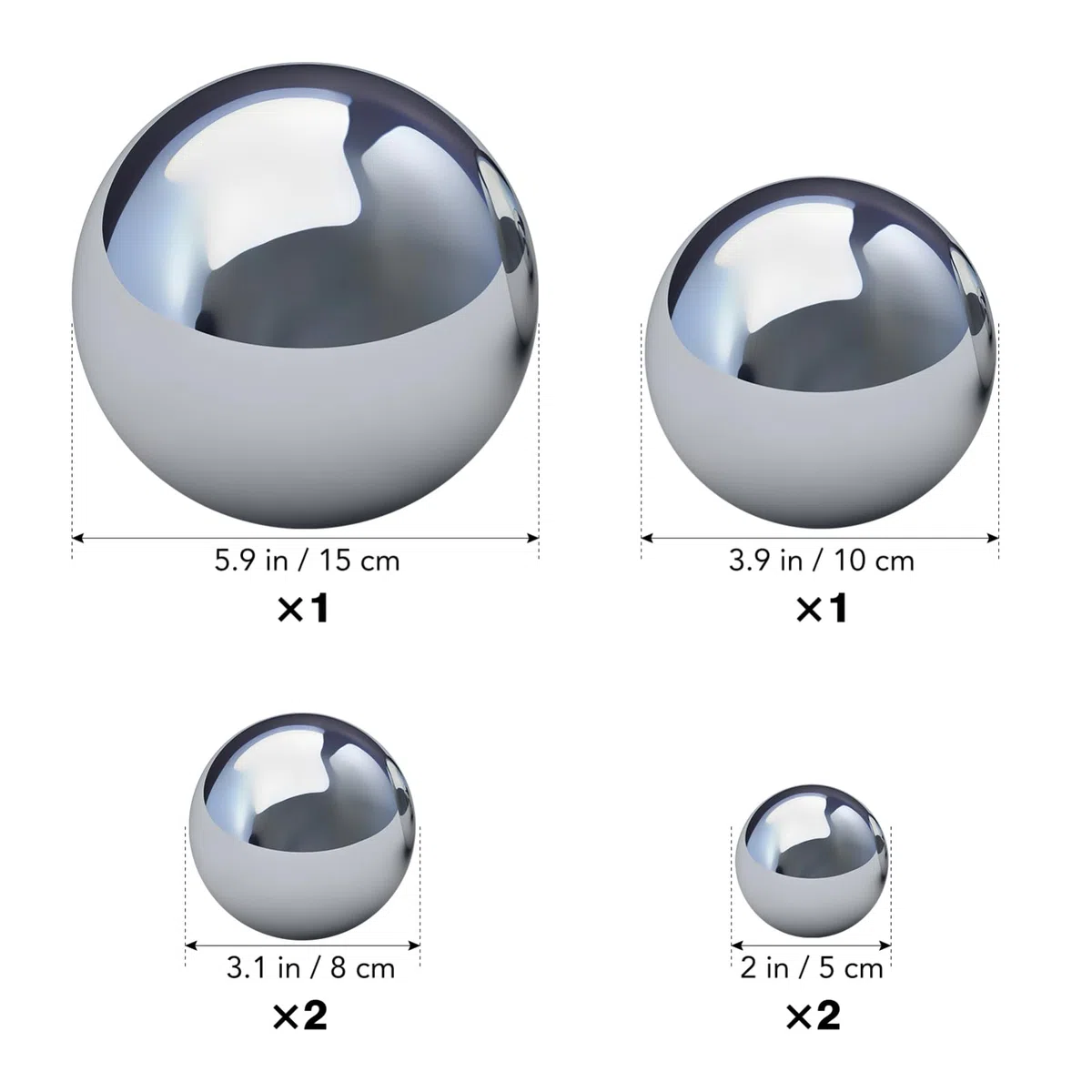 BESPORTBLE 6 sfere per giardino, in acciaio inox lucidato a specchio, sfere riflettenti, ornamenti decorativi per esterni, argento, 15 cm, 10 cm, 8 cm, 5 cm